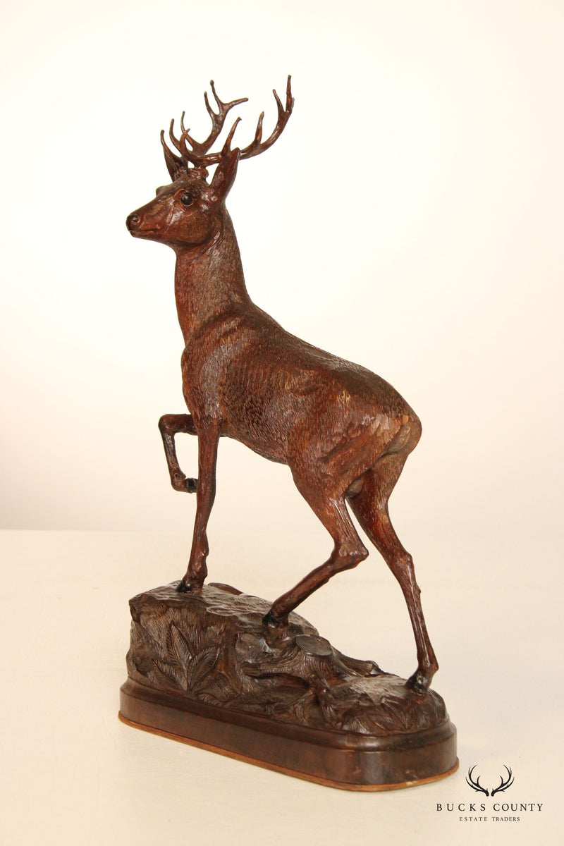 Antique Black Forest Hand Carved Stag Deer Statue