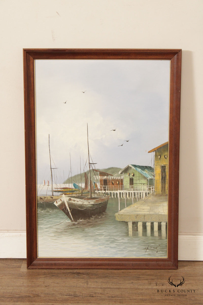 Vintage 20th C. Boats in Harbor Seascape Original Painting, By K. Paul