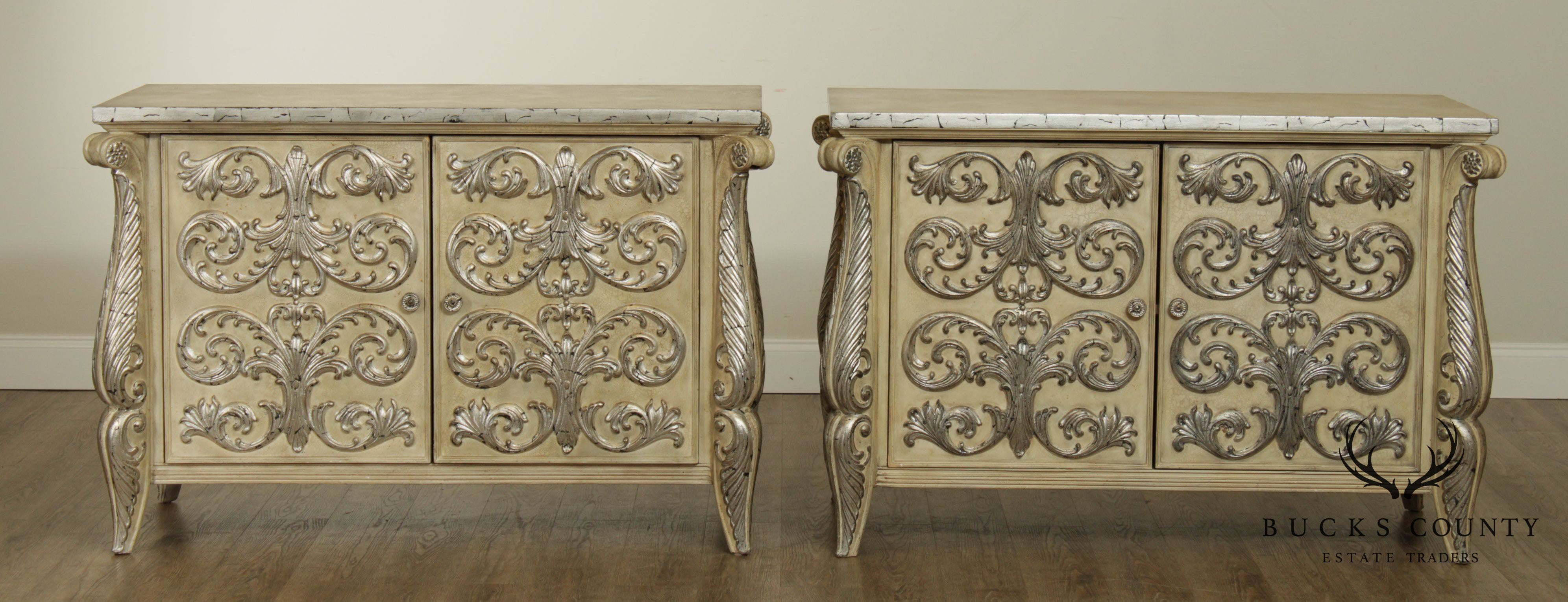 Rococo Style Custom Pair Silver Leaf Foliage 2 Door Commodes Servers