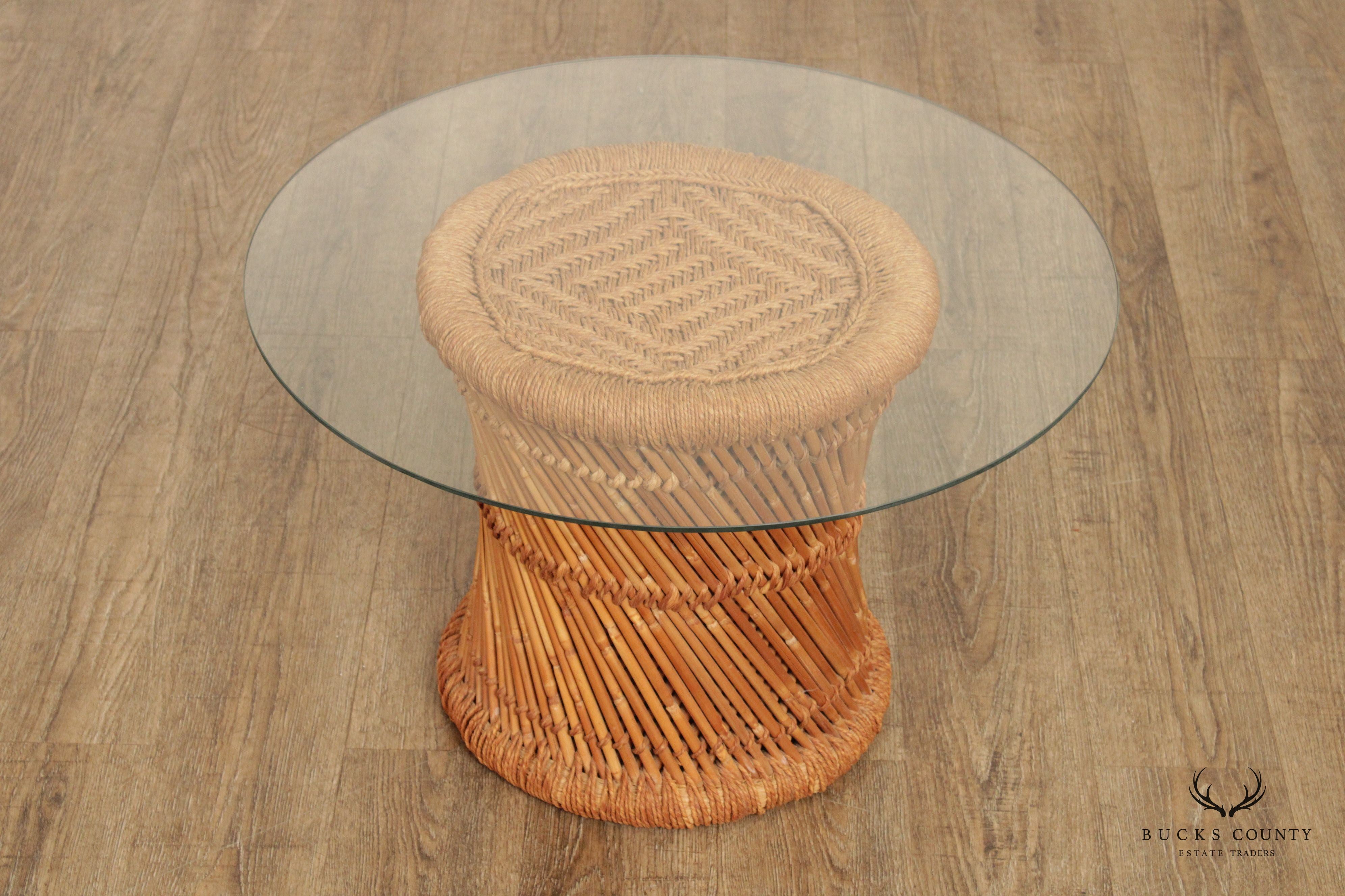 Woven Rattan Pedestal Coffee Table and Two Stands