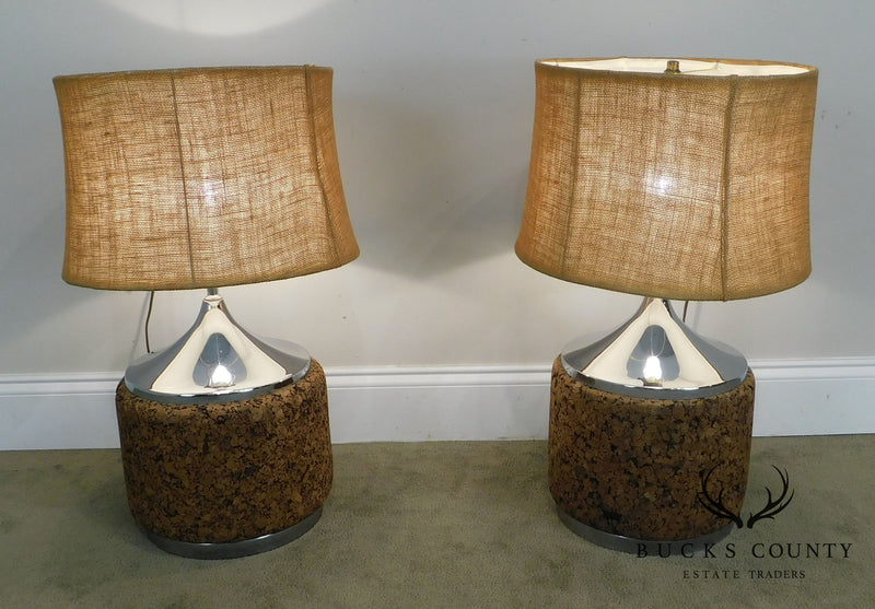 Mid Century Modern Chrome & Cork Pair Table Lamps