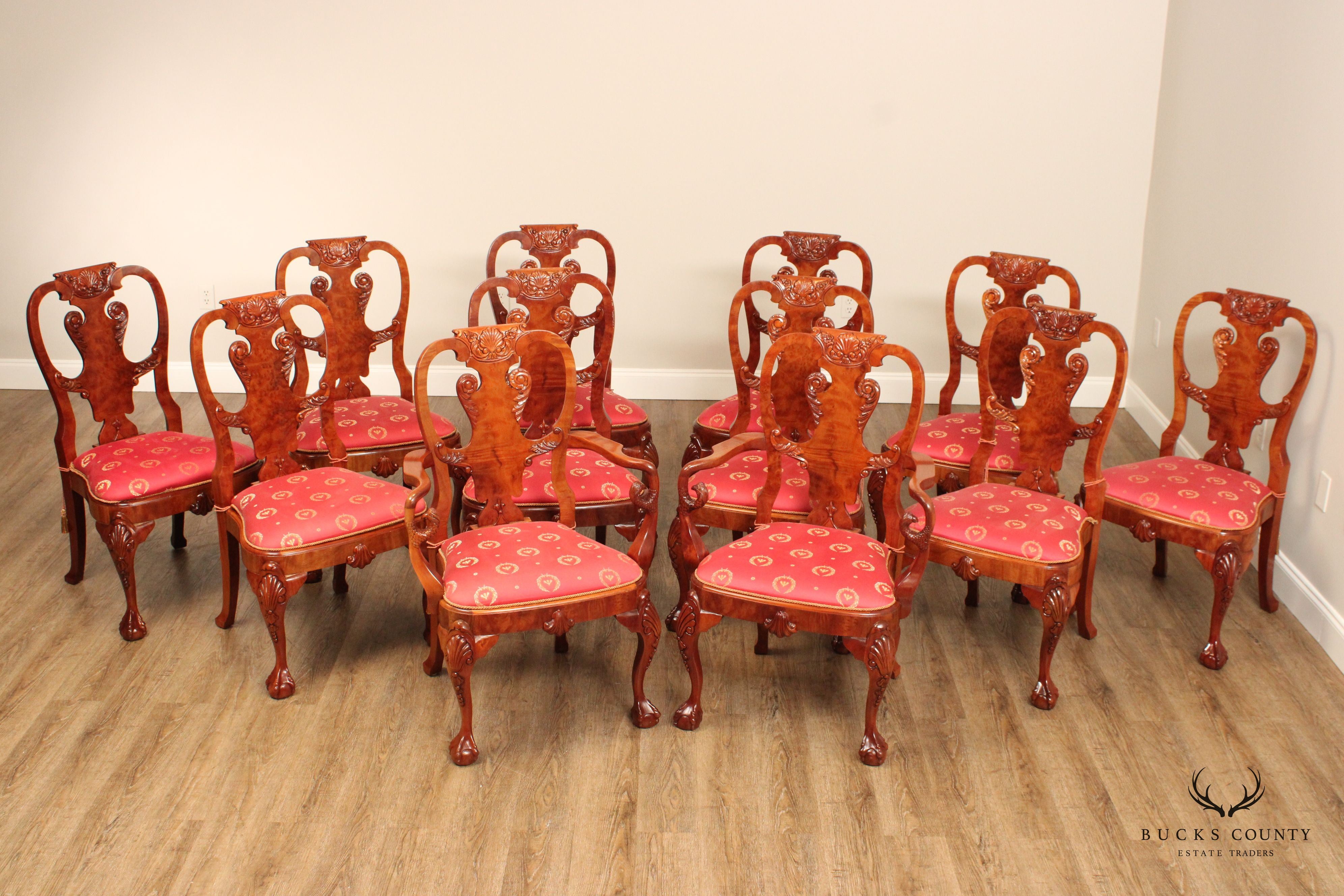 Georgian Style Set of Twelve Carved Yew Wood Dining Chairs