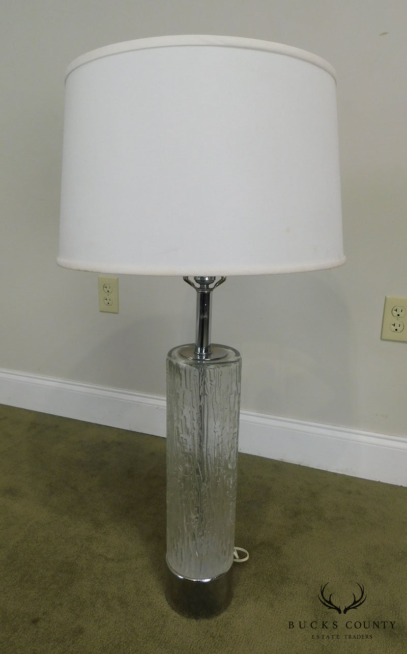 Mid Century Modern Pair of Chrome & Patterned Glass Column Lamps - 1970's