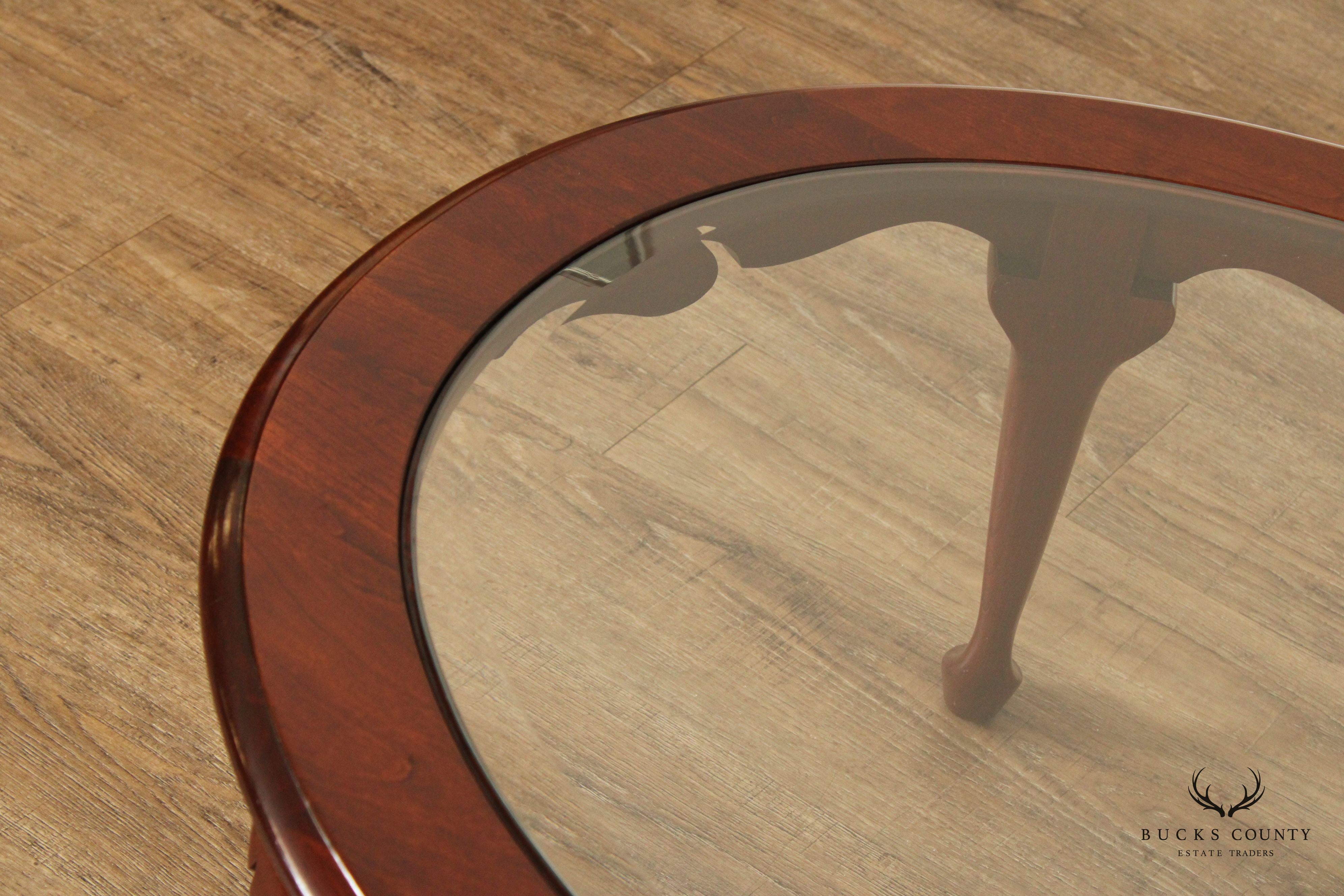 Queen Anne Style Carved Cherry Oval Glass Top Coffee Table