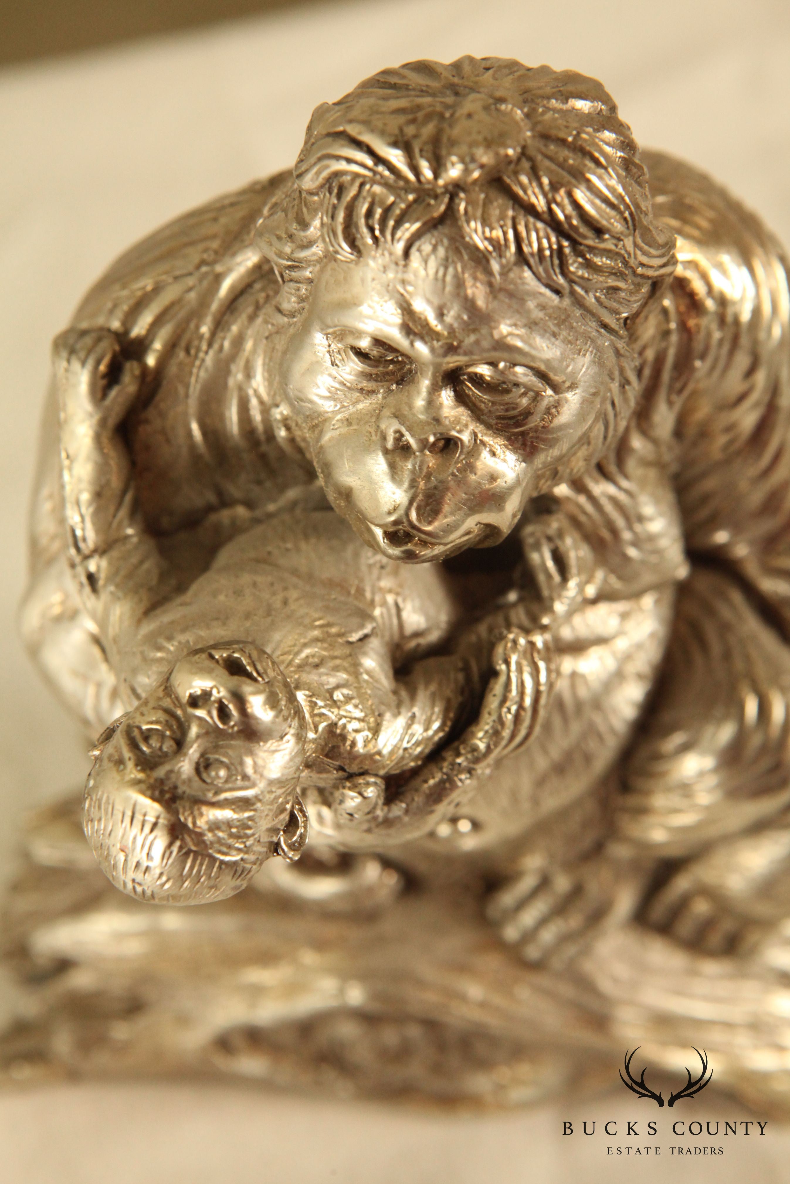 Silver Finish Bronze Statue of Mother & Baby Orangutan