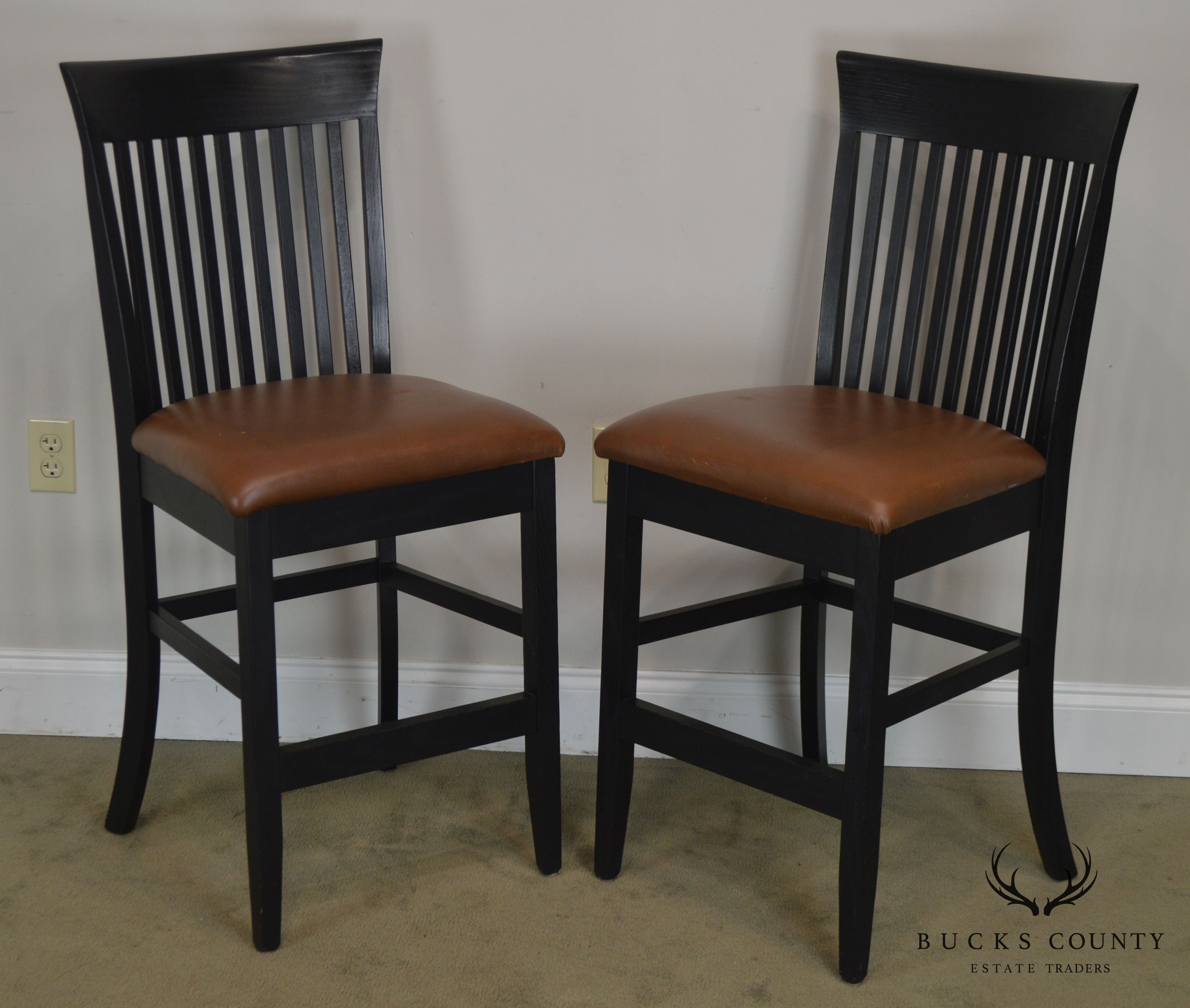 F & N Woodworking Pair Black Bar Stools with Brown Leather Seats