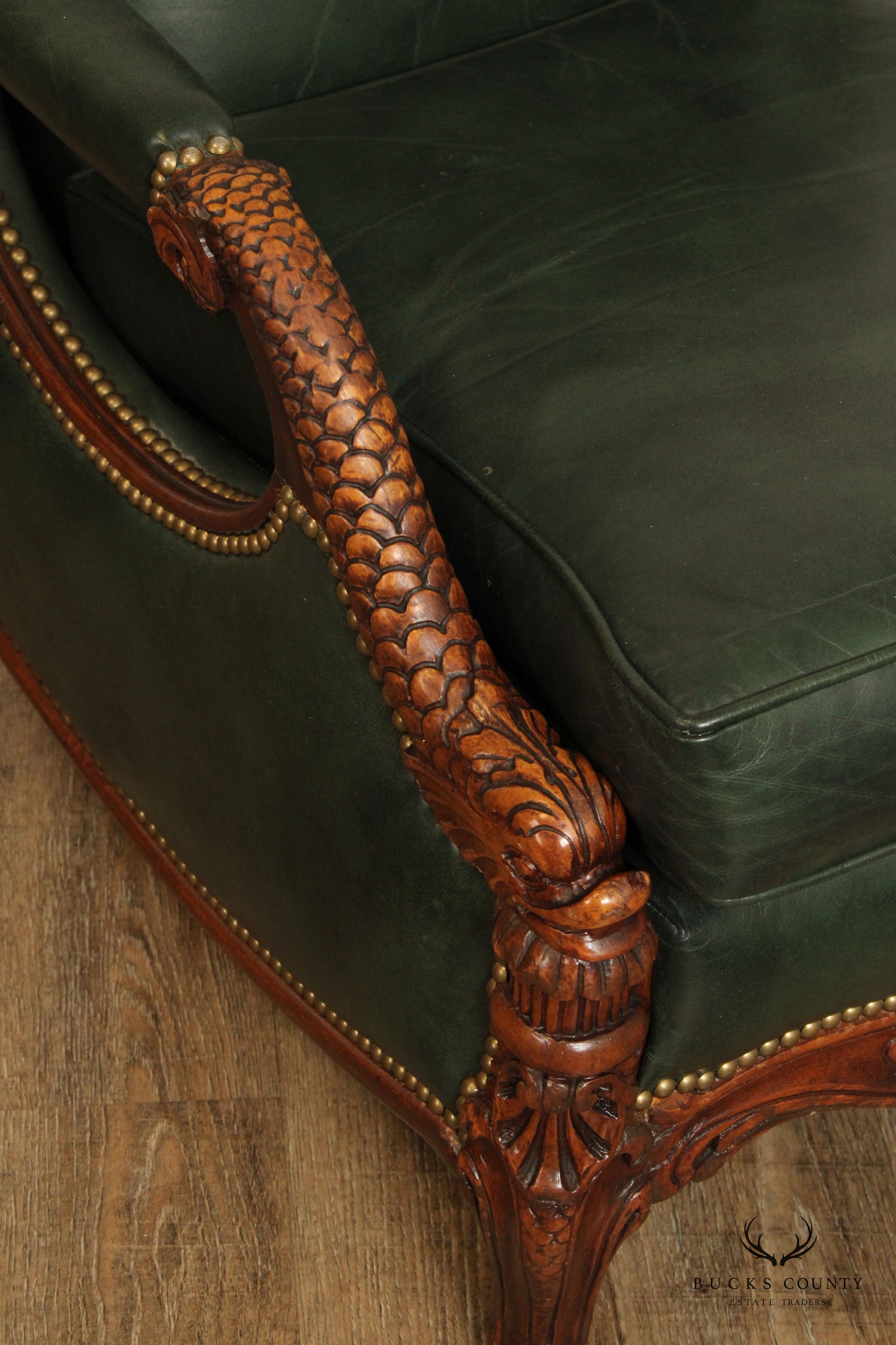 1930's French Regency Style Carved Mahogany and Leather Lounge Chair