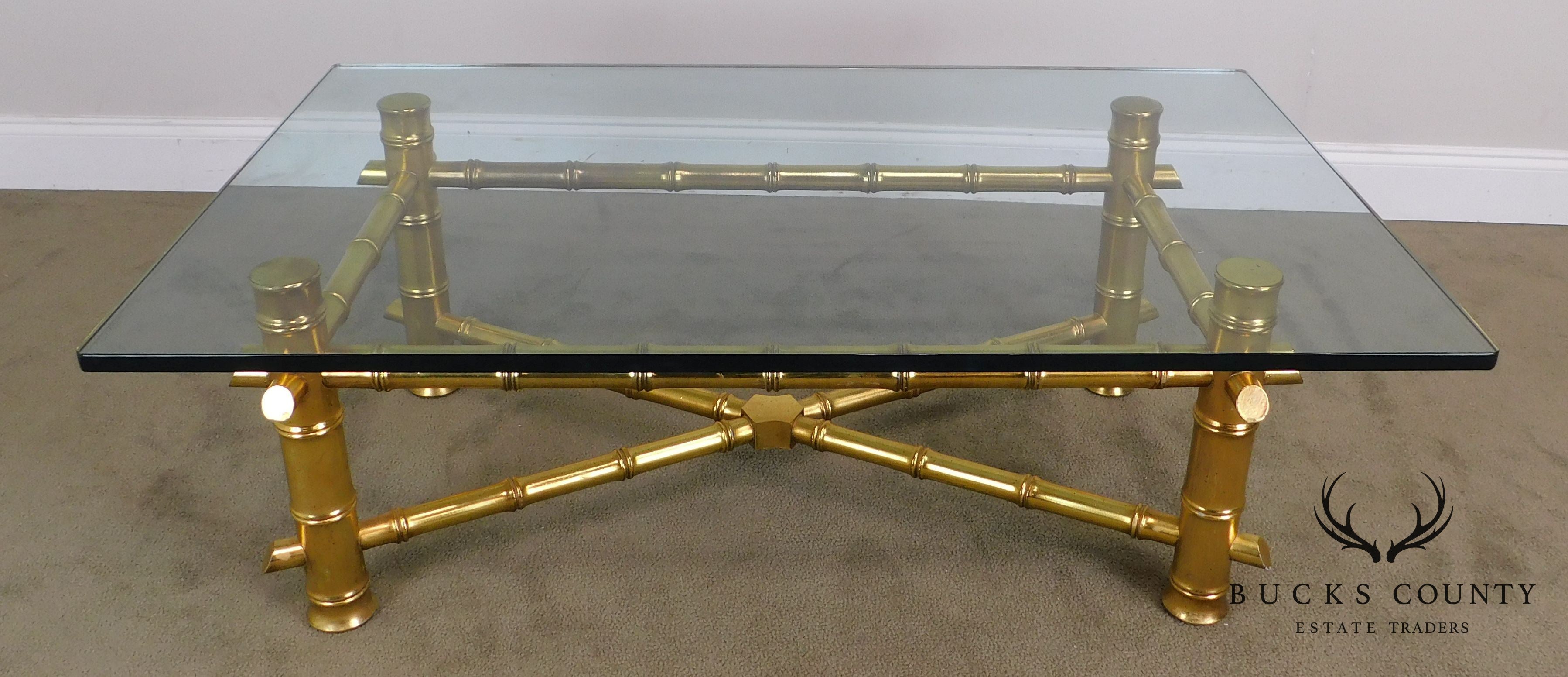 Hollywood Regency Faux Bamboo Gold Gilt Wood Glass Top Coffee Table