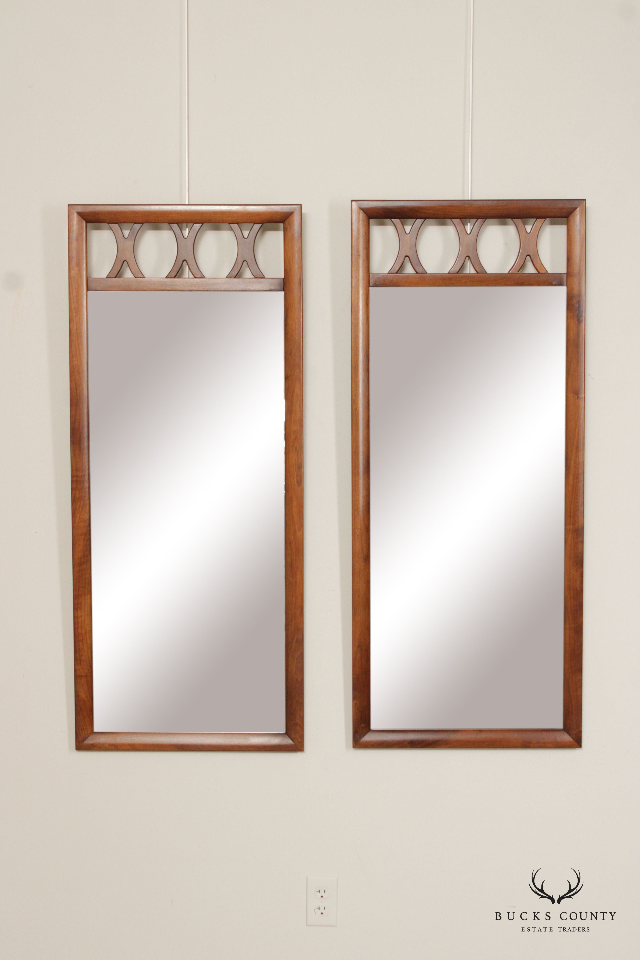 Mid Century Modern Pair of Walnut Frame Wall Mirrors