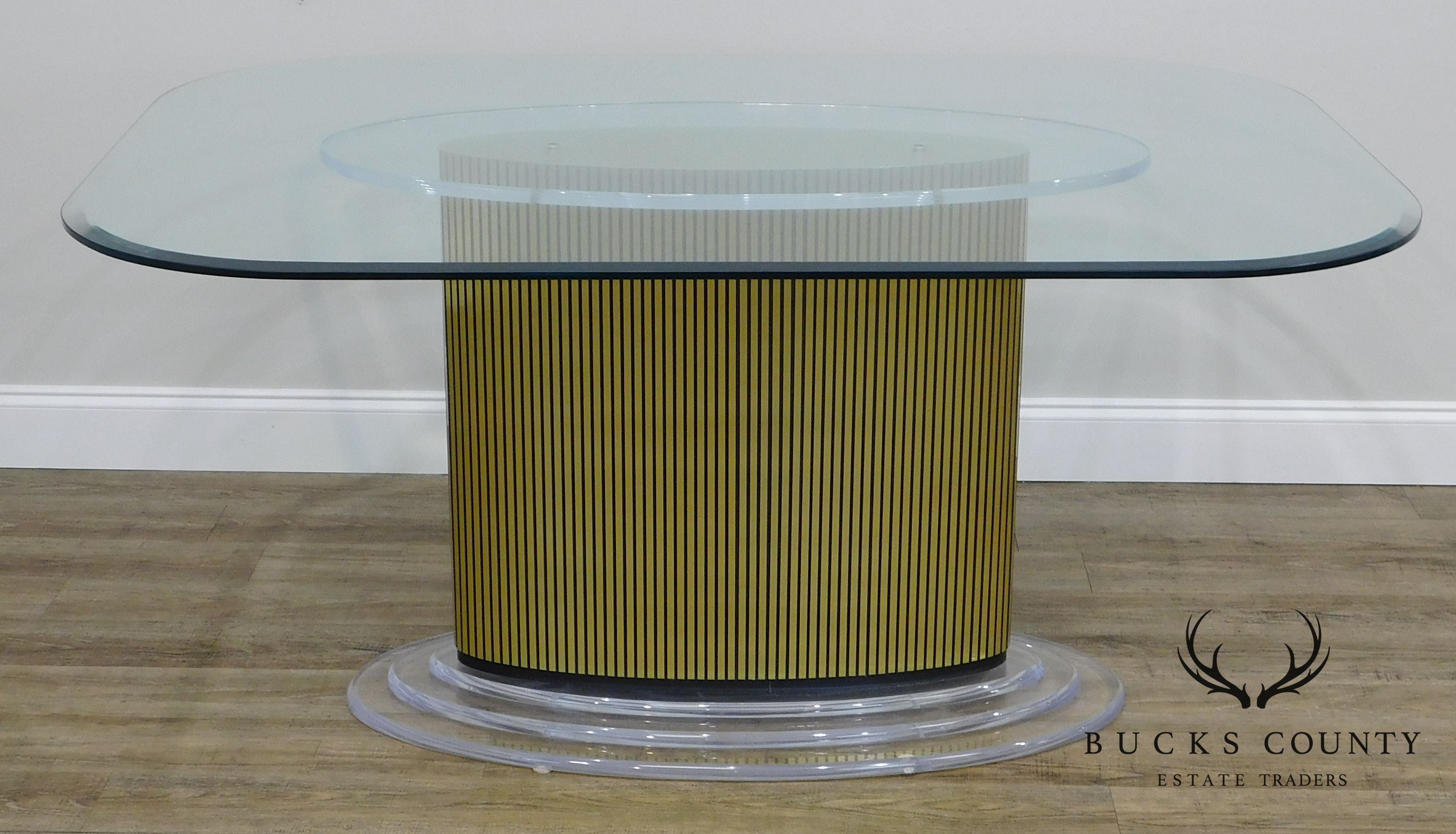 Mid Century Modern Lucite and Gold pedestal Base Glass Top Dining Table