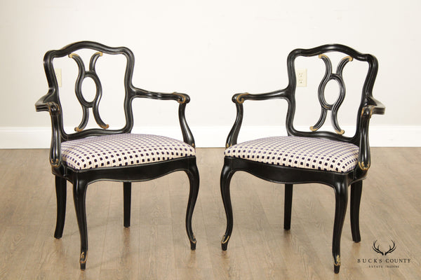 French Louis XV Style Pair of Carved Ebonized Dining Armchairs