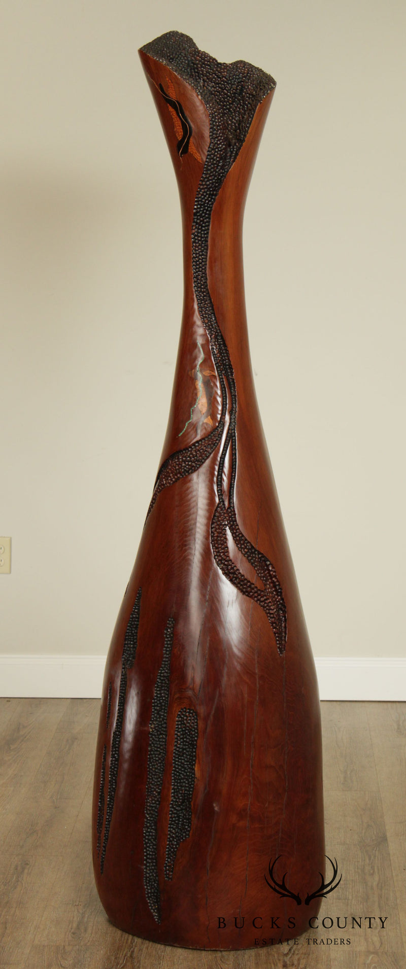 Monumental Abstract Polished Walnut Sculpture, Tall Slender Vase Form
