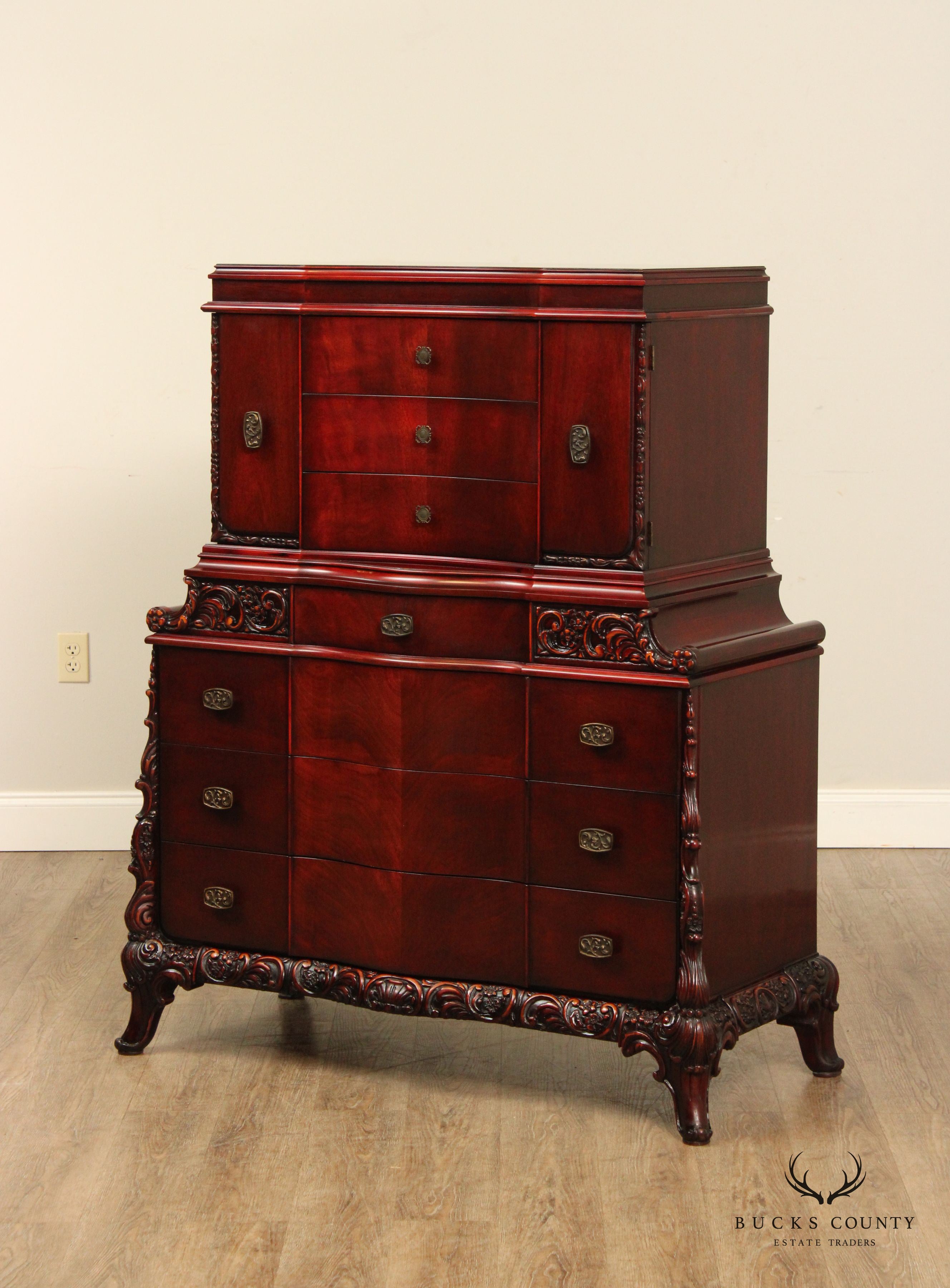 Williamsport Chinese Chippendale Style Carved Mahogany Chest on Chest