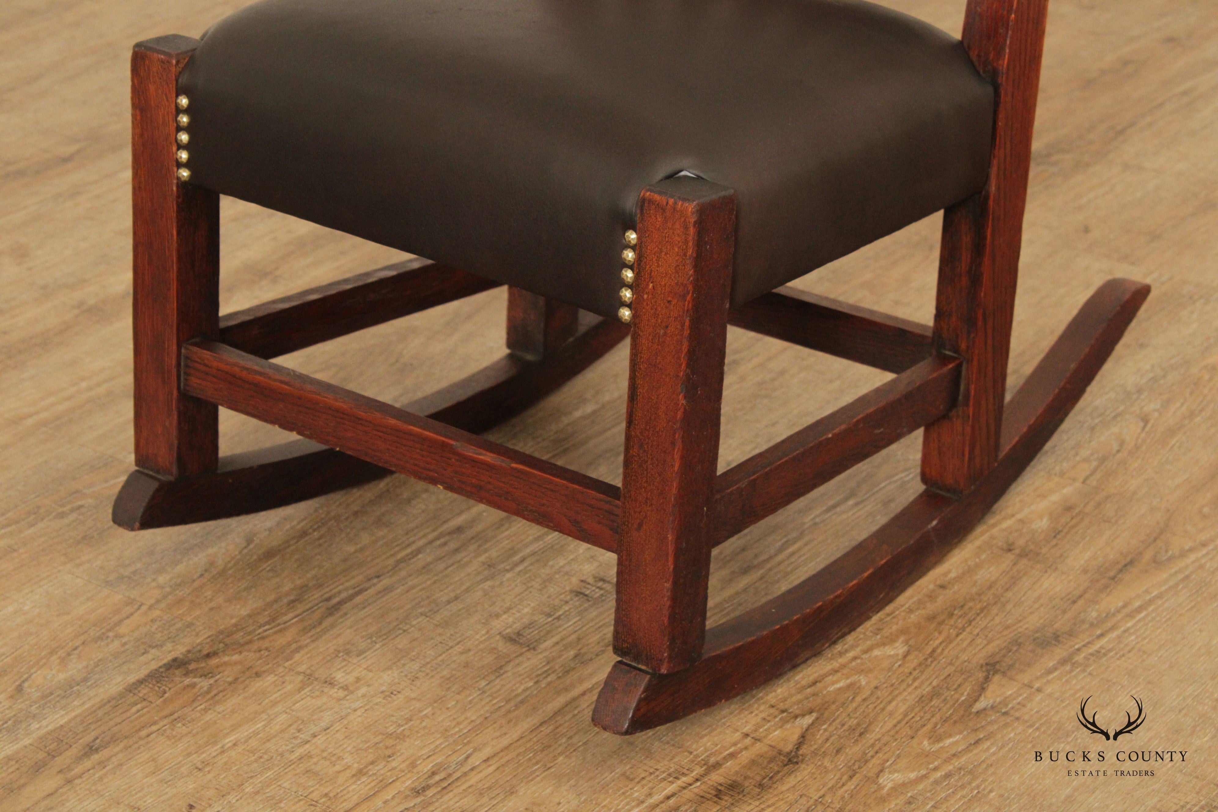 Antique Mission Oak And Leather Armless Rocker