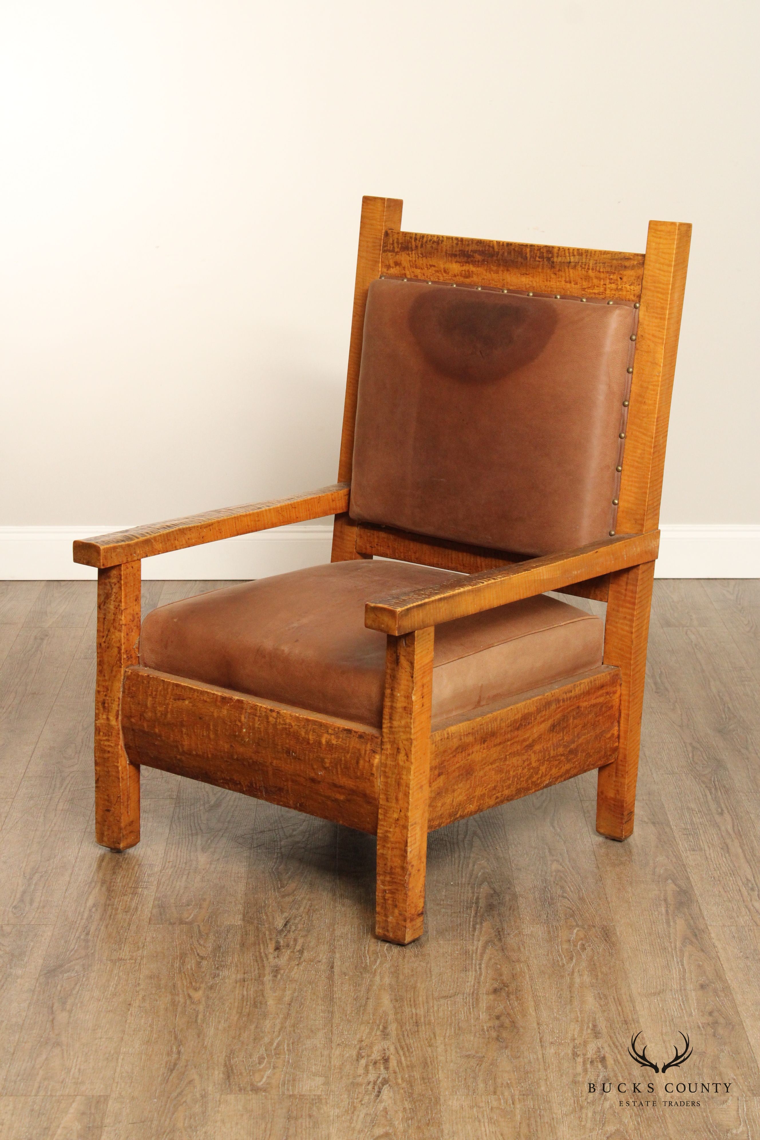 ANTIQUE ADIRONDACK MISSION STYLE TIGER MAPLE ARMCHAIR