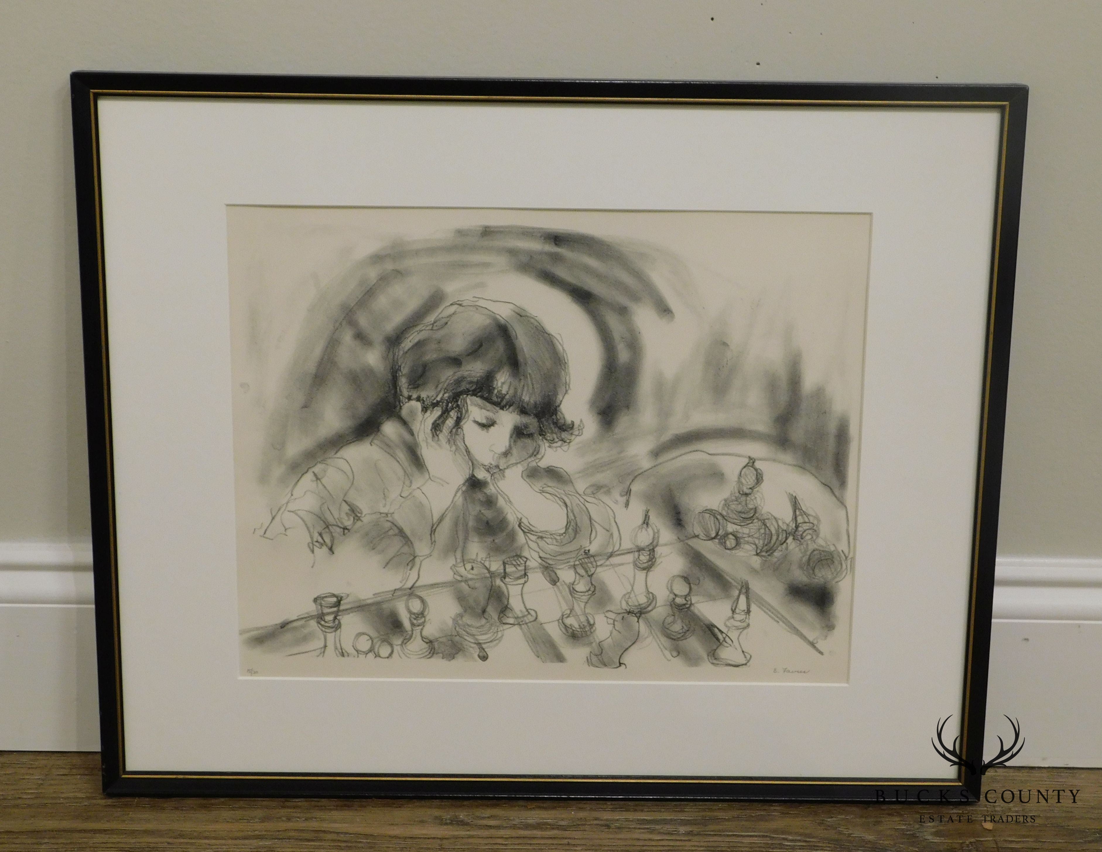 Evelyn Favus Lithograph, Child Playing Chess Signed & Numbered in Pencil 15/20