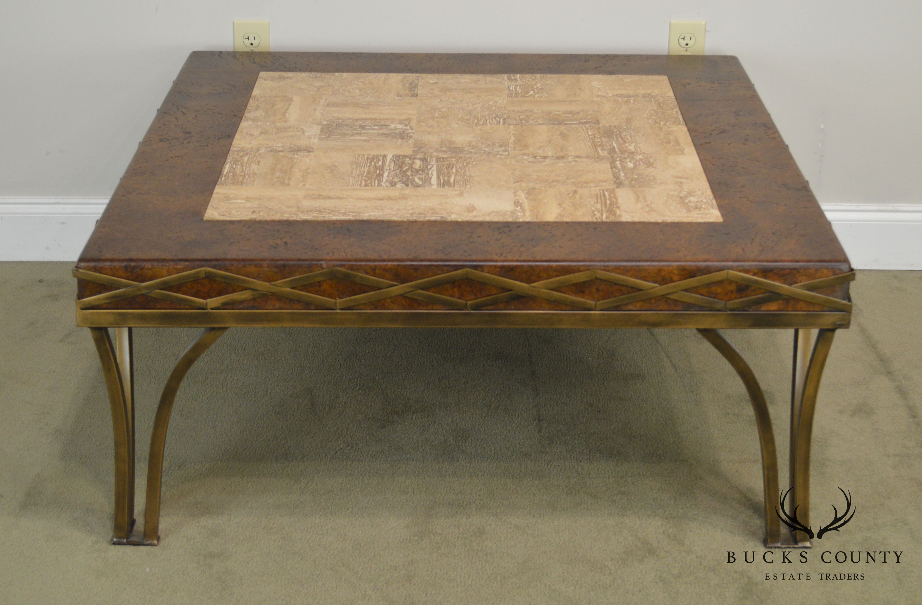 Iron Square Coffee Table with Cork & Tessellated Travertine Top