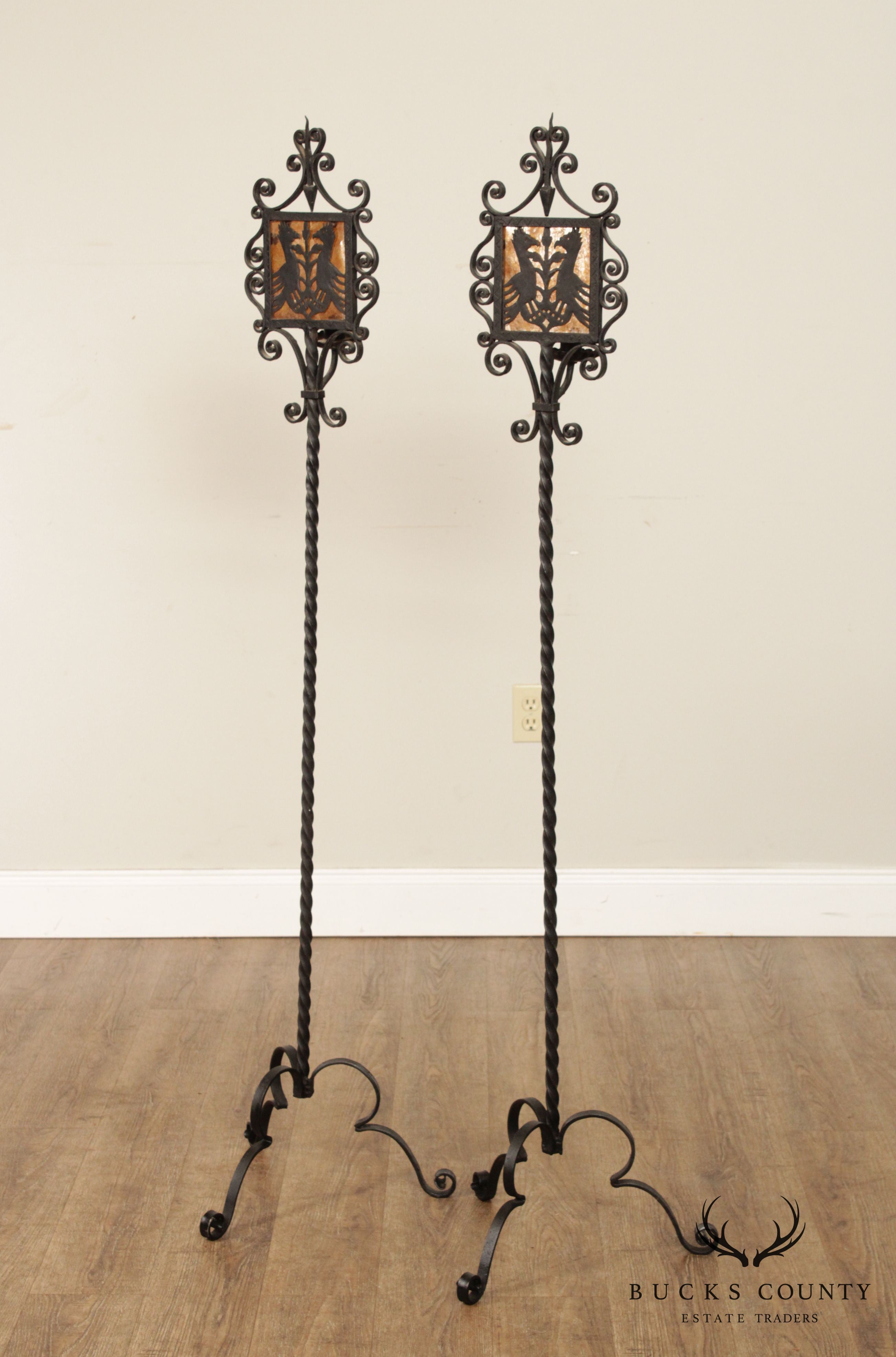 Arts & Crafts Pair Wrought Iron Candle Torchiere