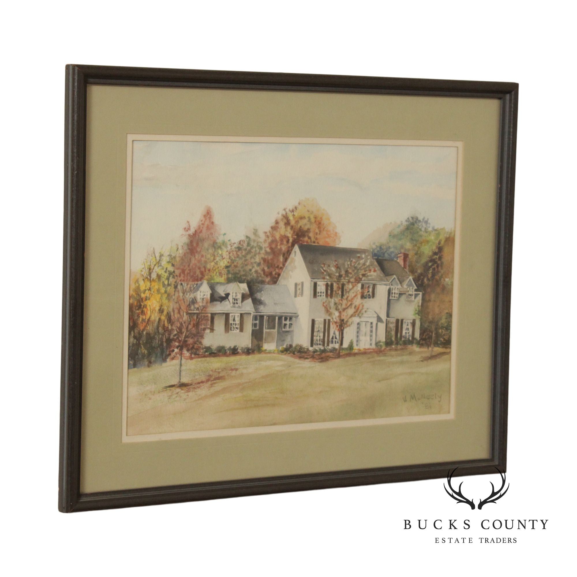 Vintage 20th C. New England House in Autumn Original Watercolor, Signed