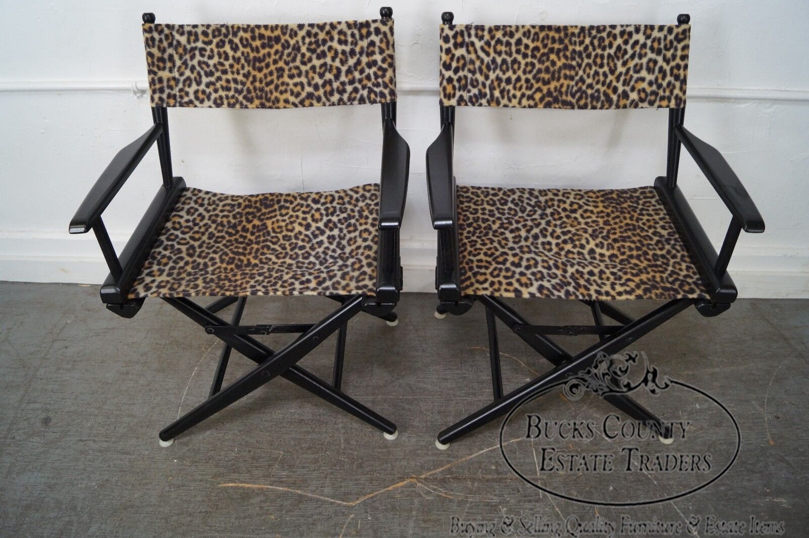 Mid Century Pair of Leopard Print Ebonized Folding Directors Chairs by Telescope