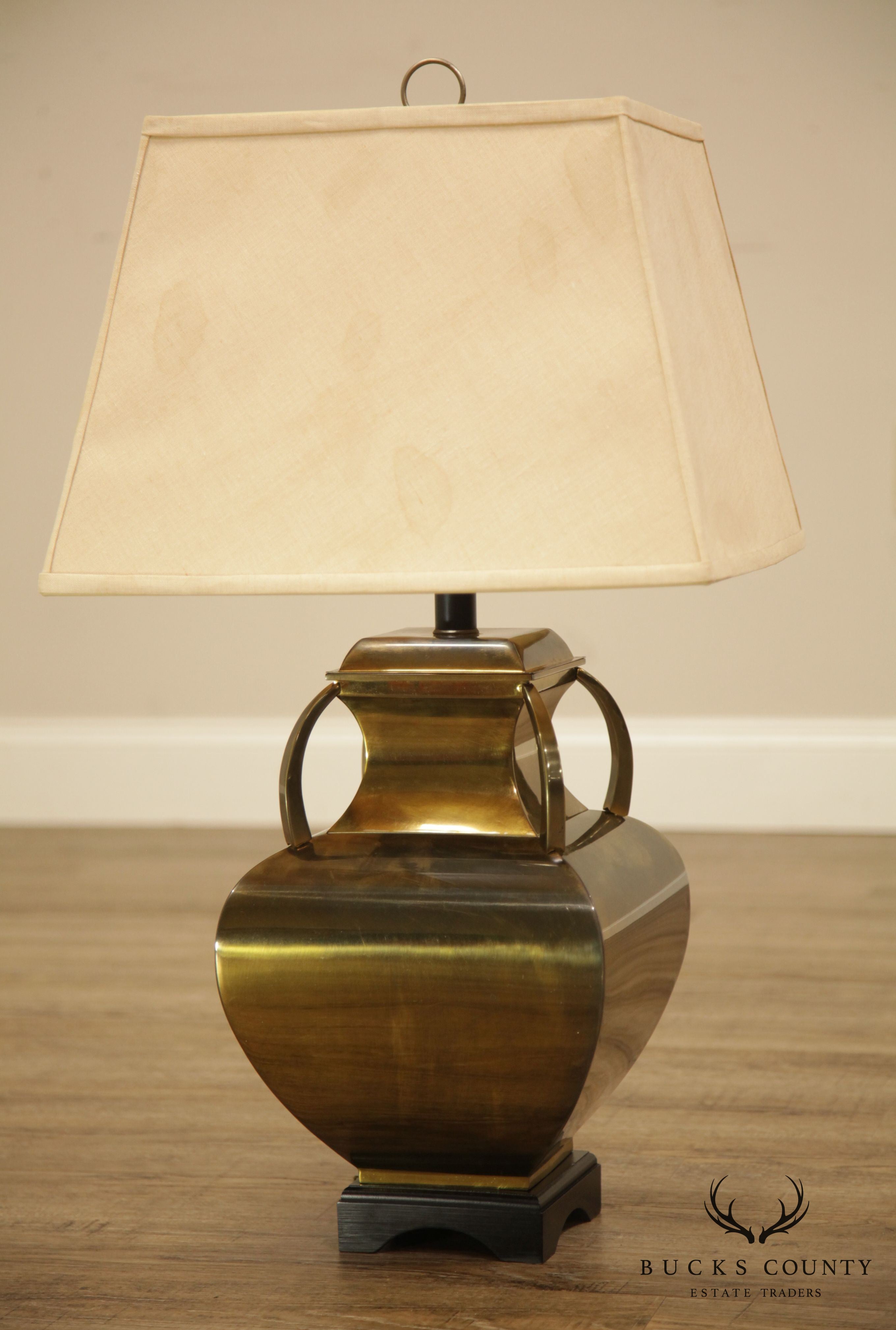 Brass Table Lamp with Shade, Square Urn Shape