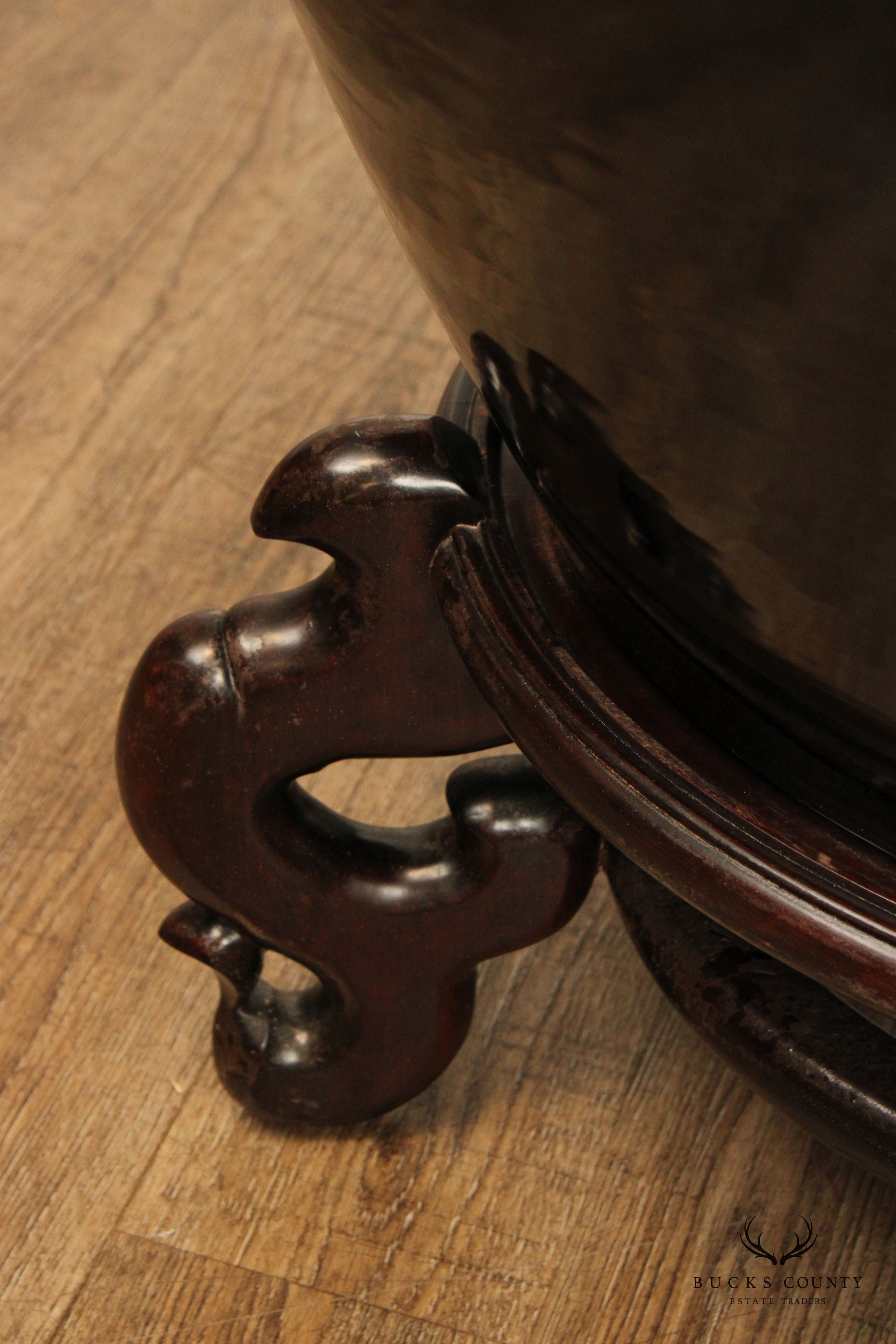 Asian Style Large Black Ceramic Fish Bowl Planter on Stand