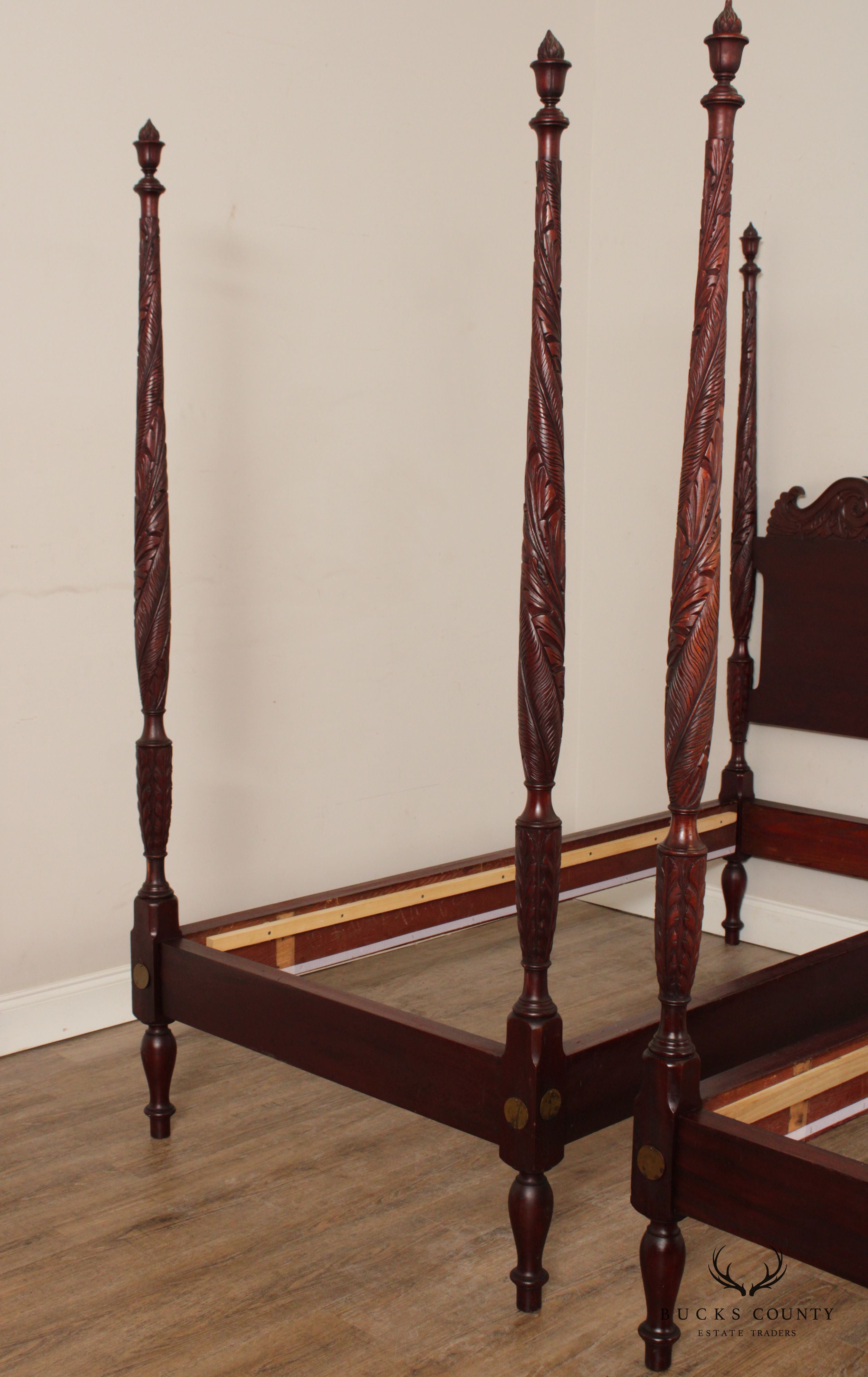 Antique American Mahogany Carved Pair Poster Beds