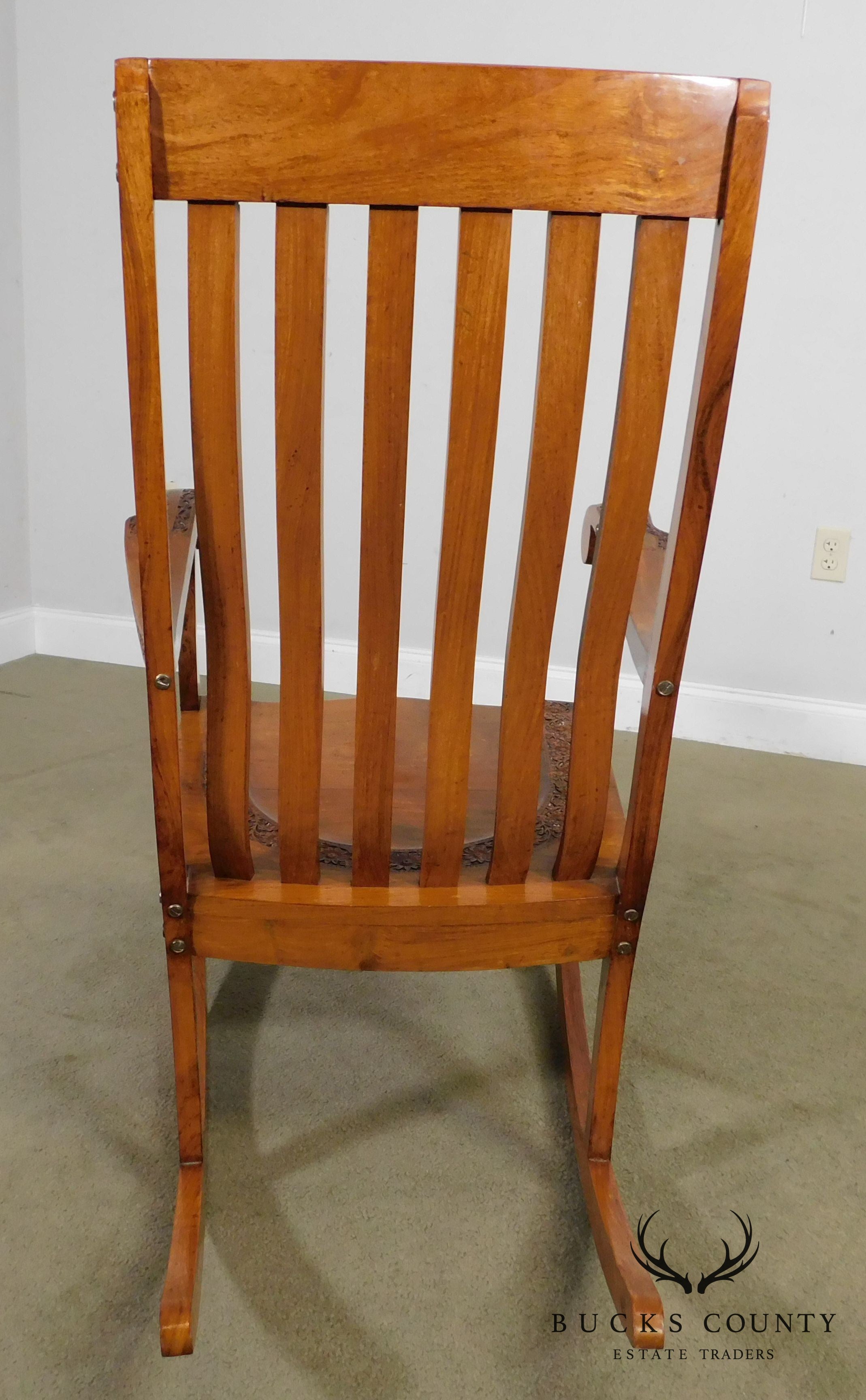 Vintage Indian Carved Hardwood Brass Inlaid Rocker