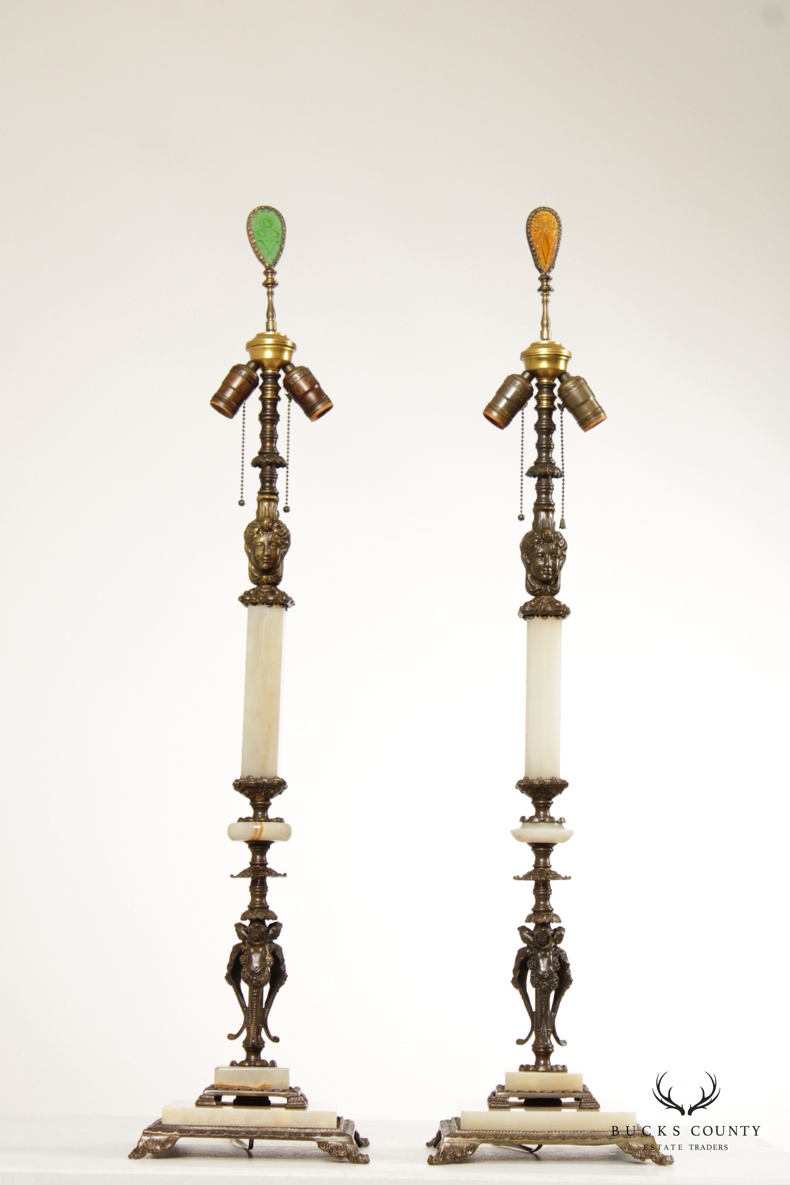 Art Deco Pair of Brass and Onyx Tall Table Lamps