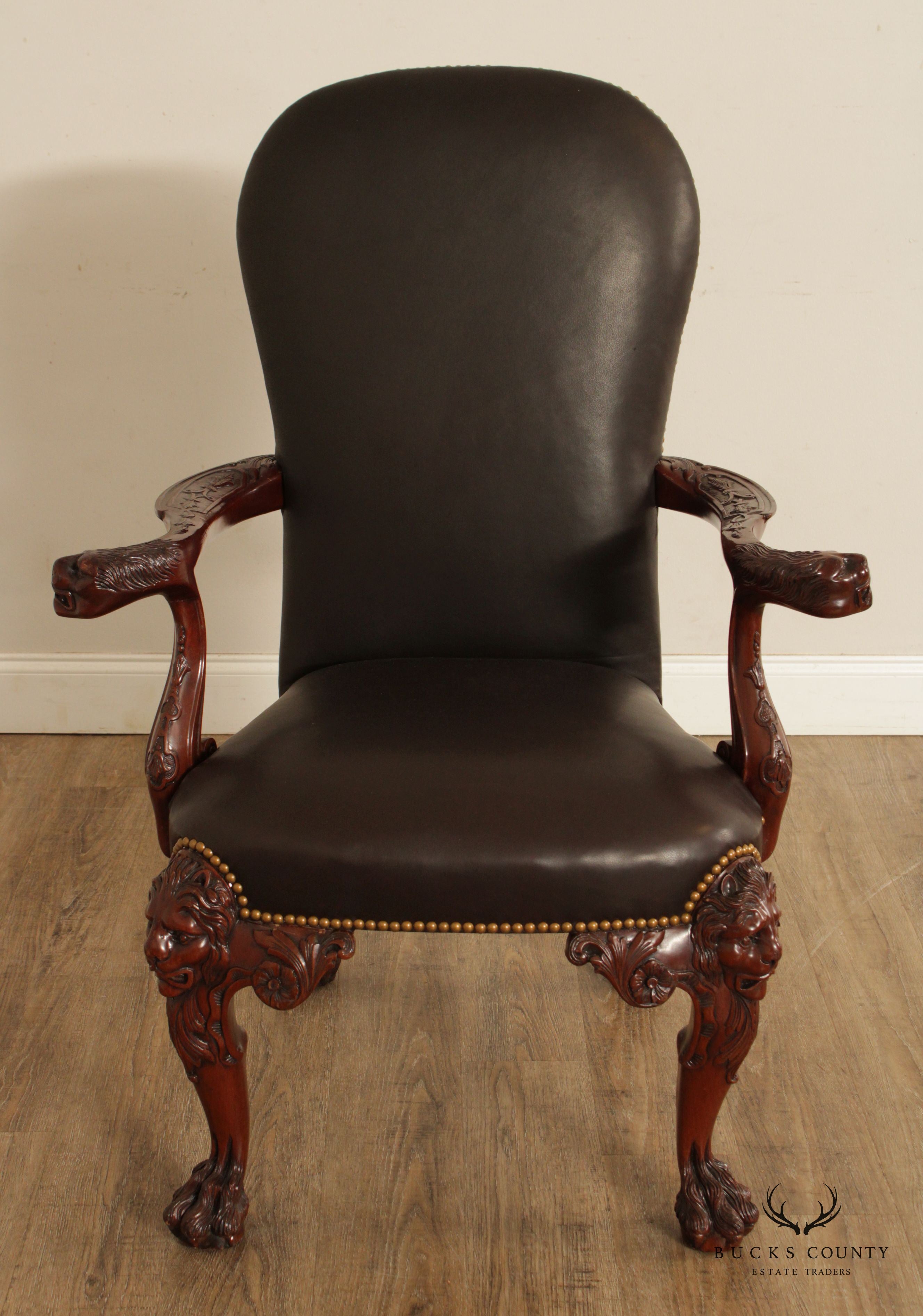 Maitland Smith Georgian Style Lion-Carved Leather Armchair