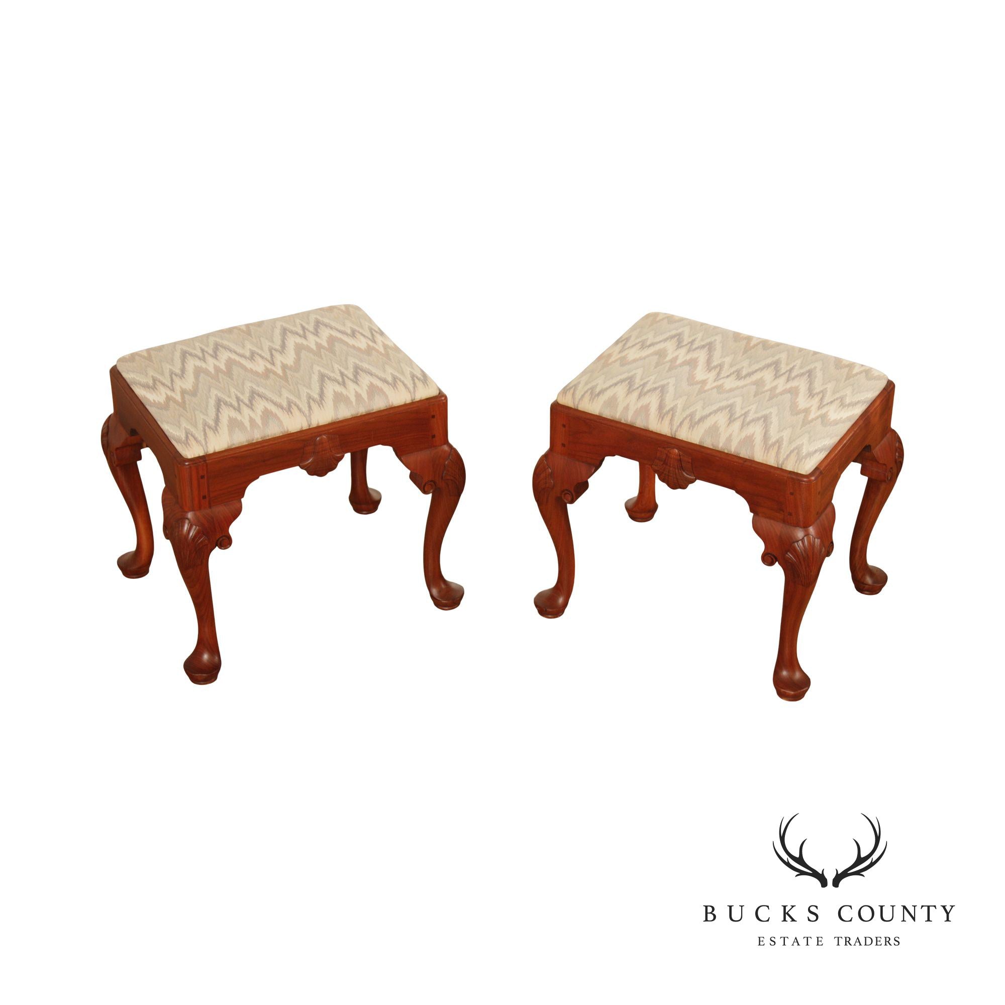 custom Crafted Queen Anne Style Pair of Carved Walnut Stools