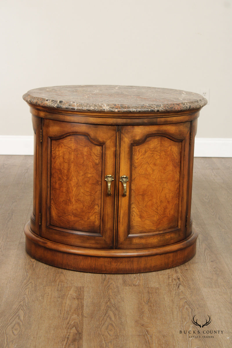 Henredon English Regency Style Round Marble Top Drum Cabinet Side Table