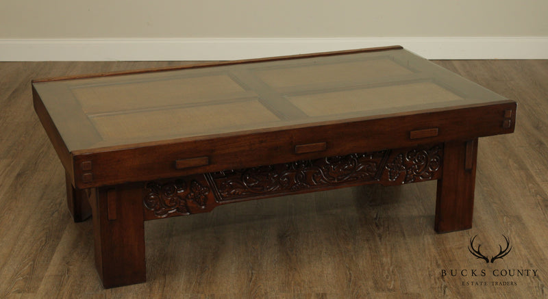 Drexel Heritage Large Carved Base Rattan Glass Top Coffee Table