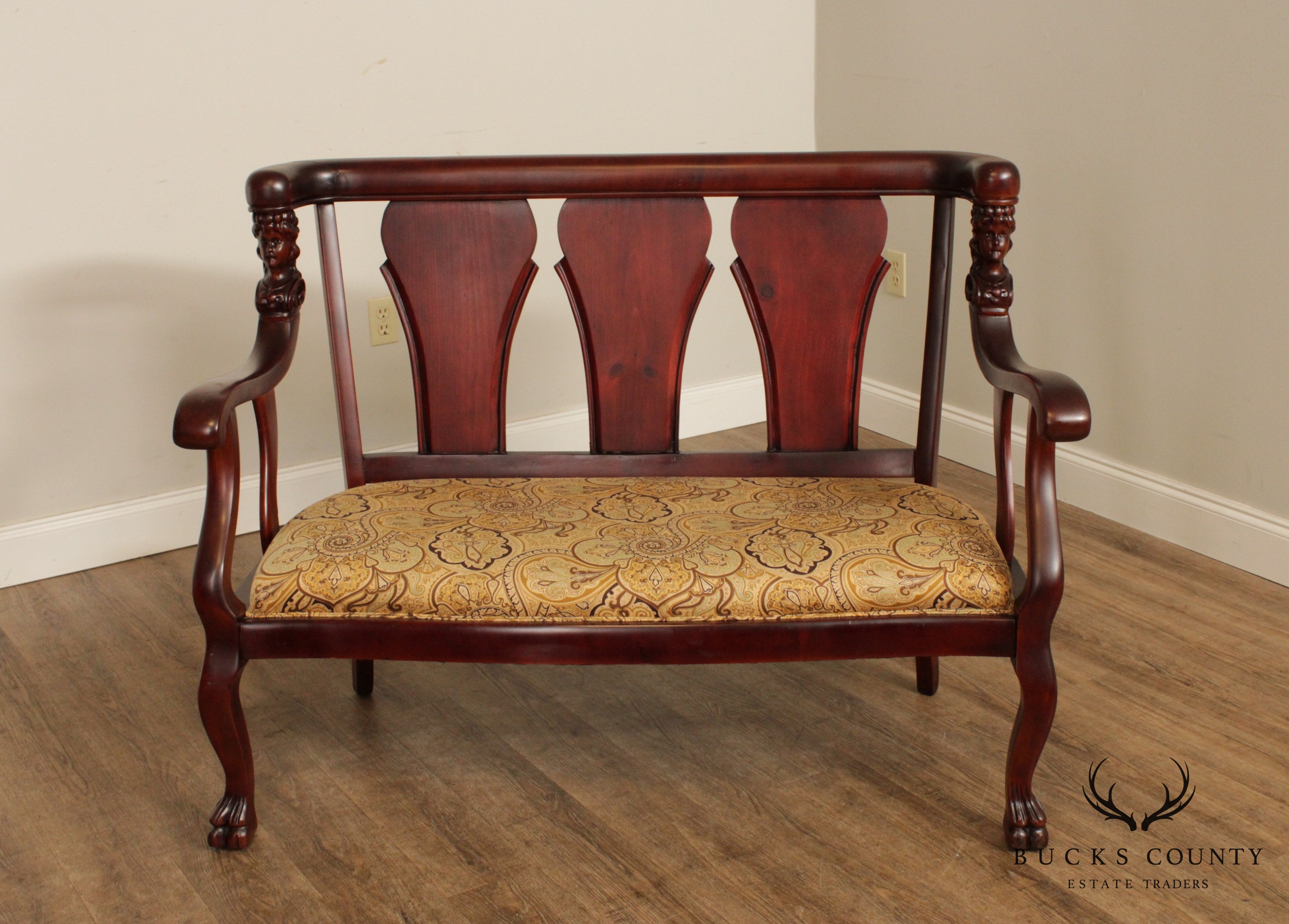 Antique Empire Style Mahogany Figural Carved Settee