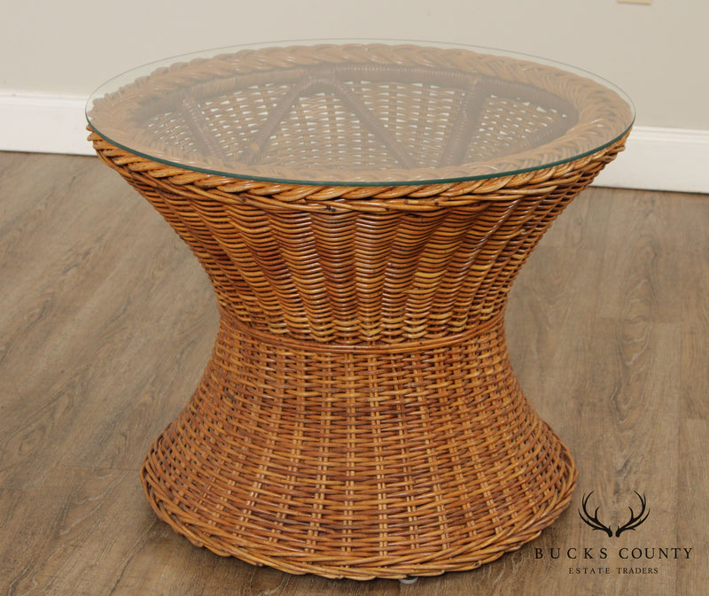 Midcentury Round Glass Top Wicker Side Table