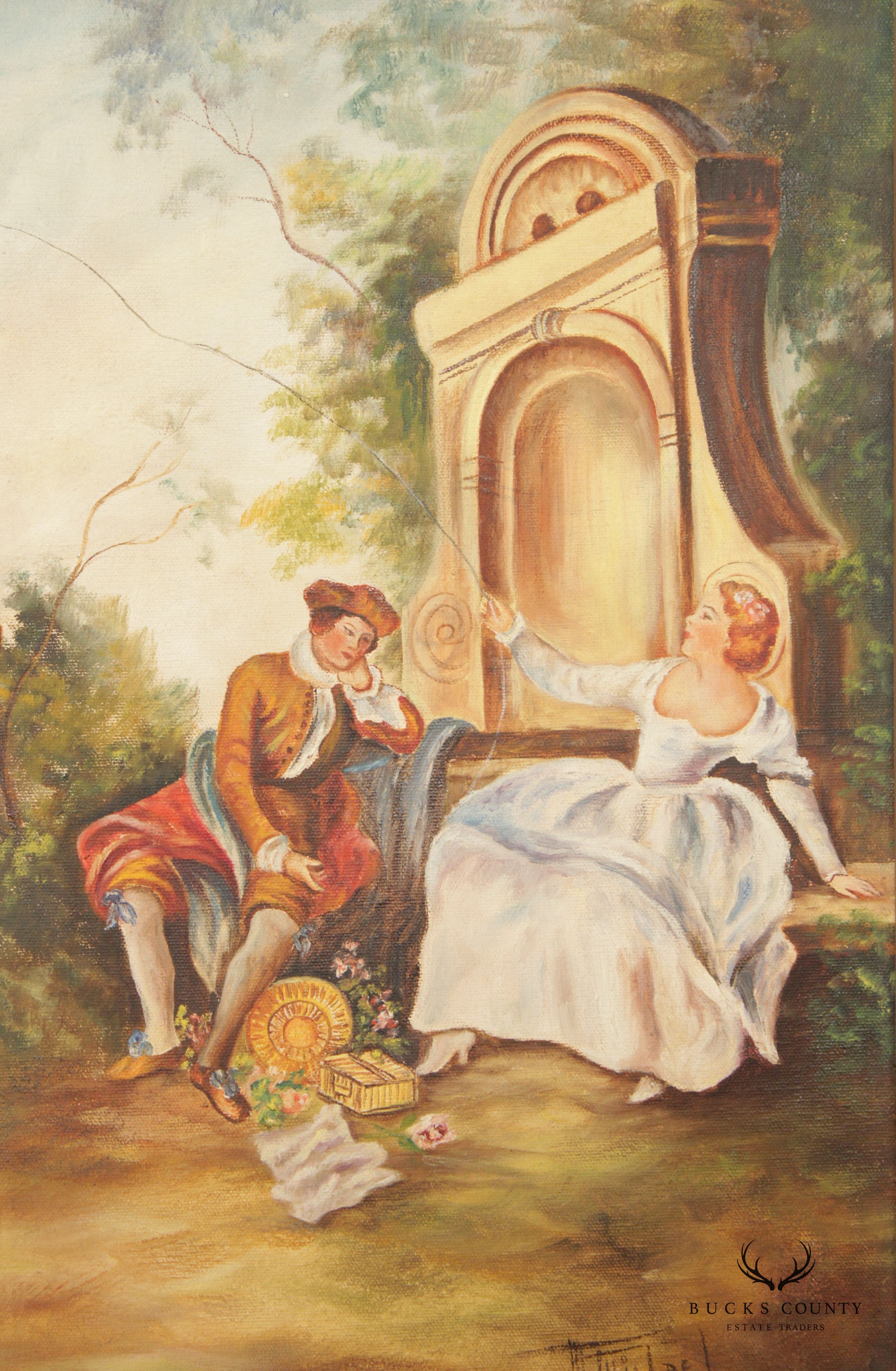 Vintage 20th C. French Rococo Style Garden Scene Painting, After Nicolas Lancret