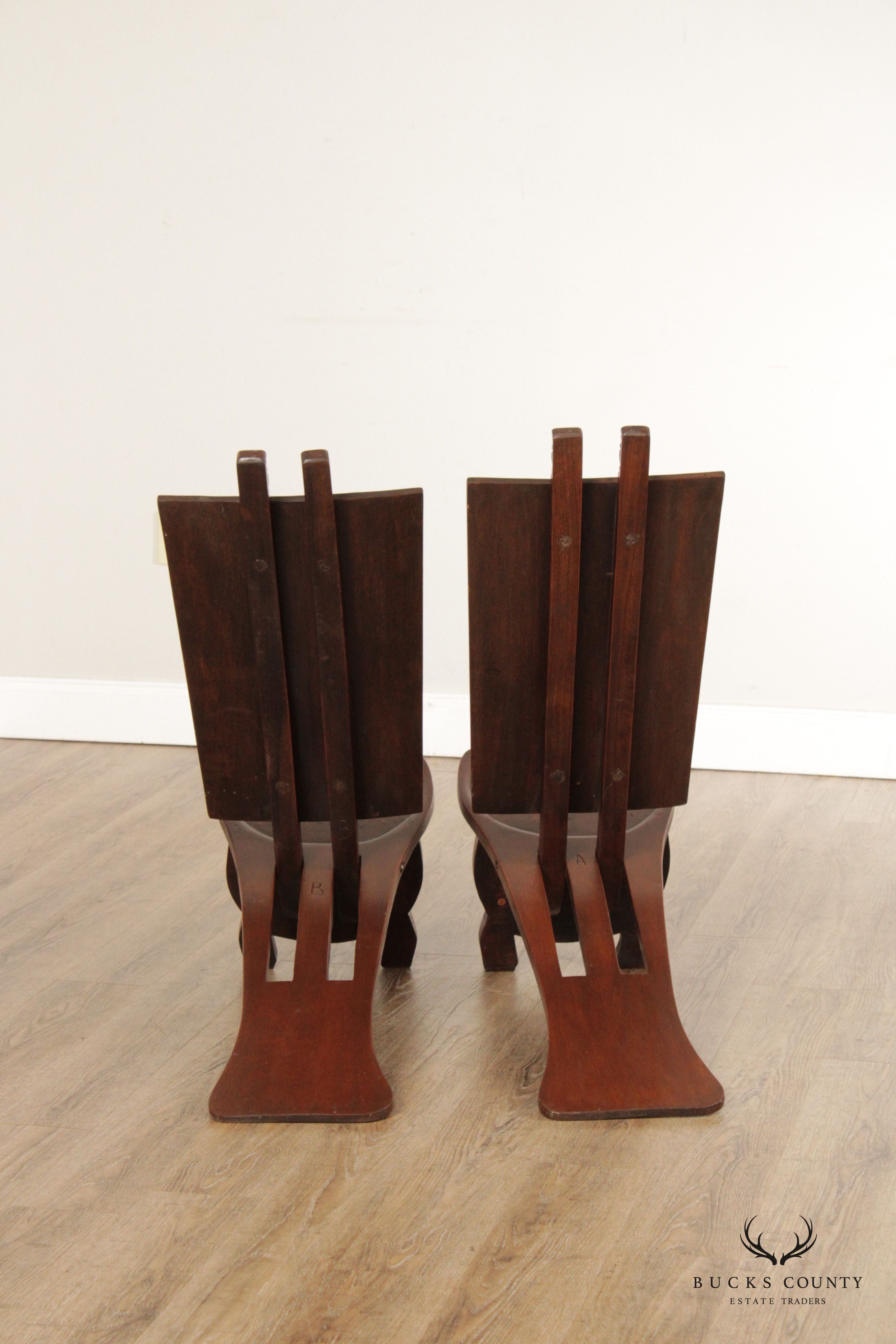 African Traditional Ceremonial Pair Mahogany Carved Folding Chairs