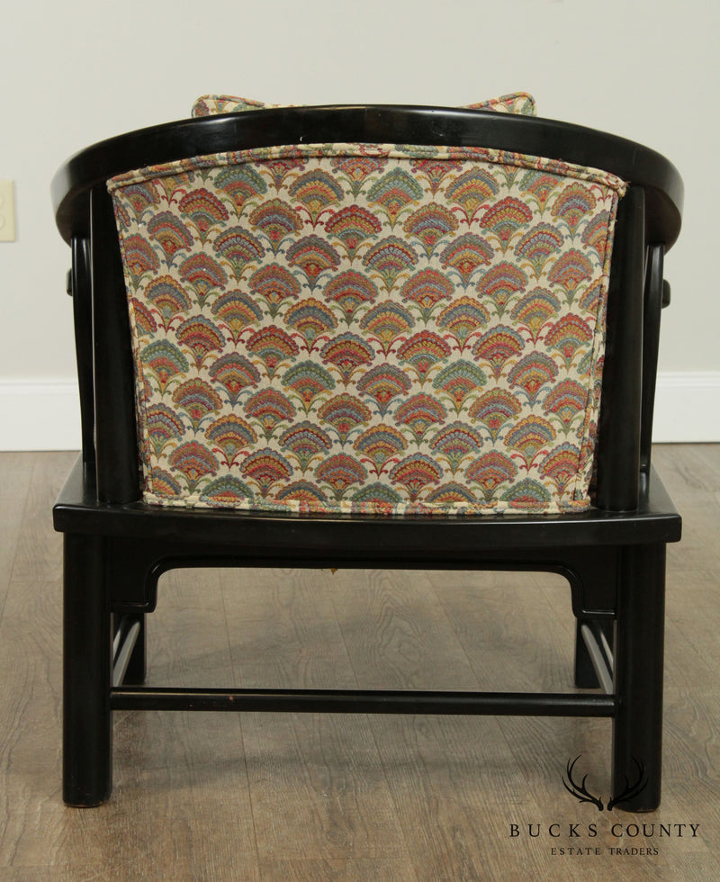 Mid Century Vintage Black Lacquered Asian Inspired Curved Back Armchairs