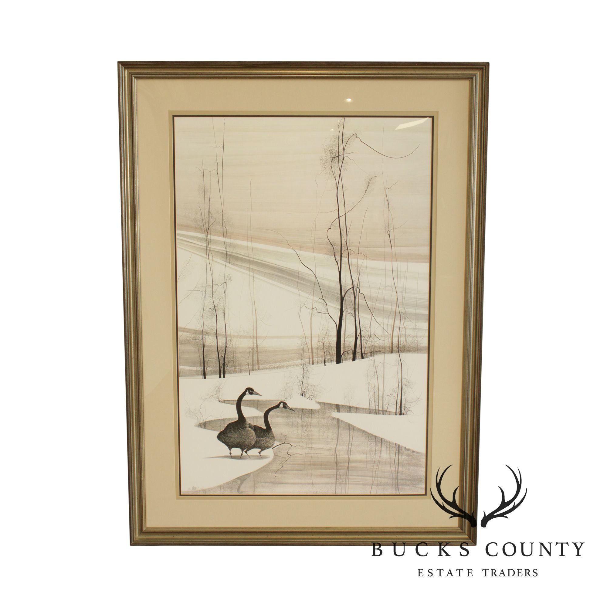 P. Buckley Moss Large Frame Signed Lithograph Winter Scene with Geese