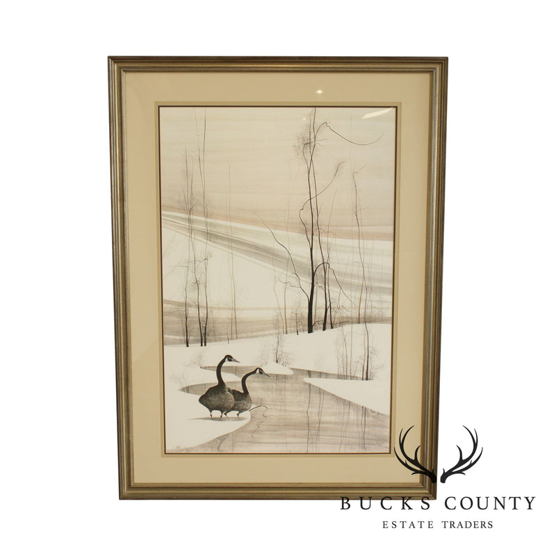 P. Buckley Moss Large Frame Signed Lithograph Winter Scene with Geese