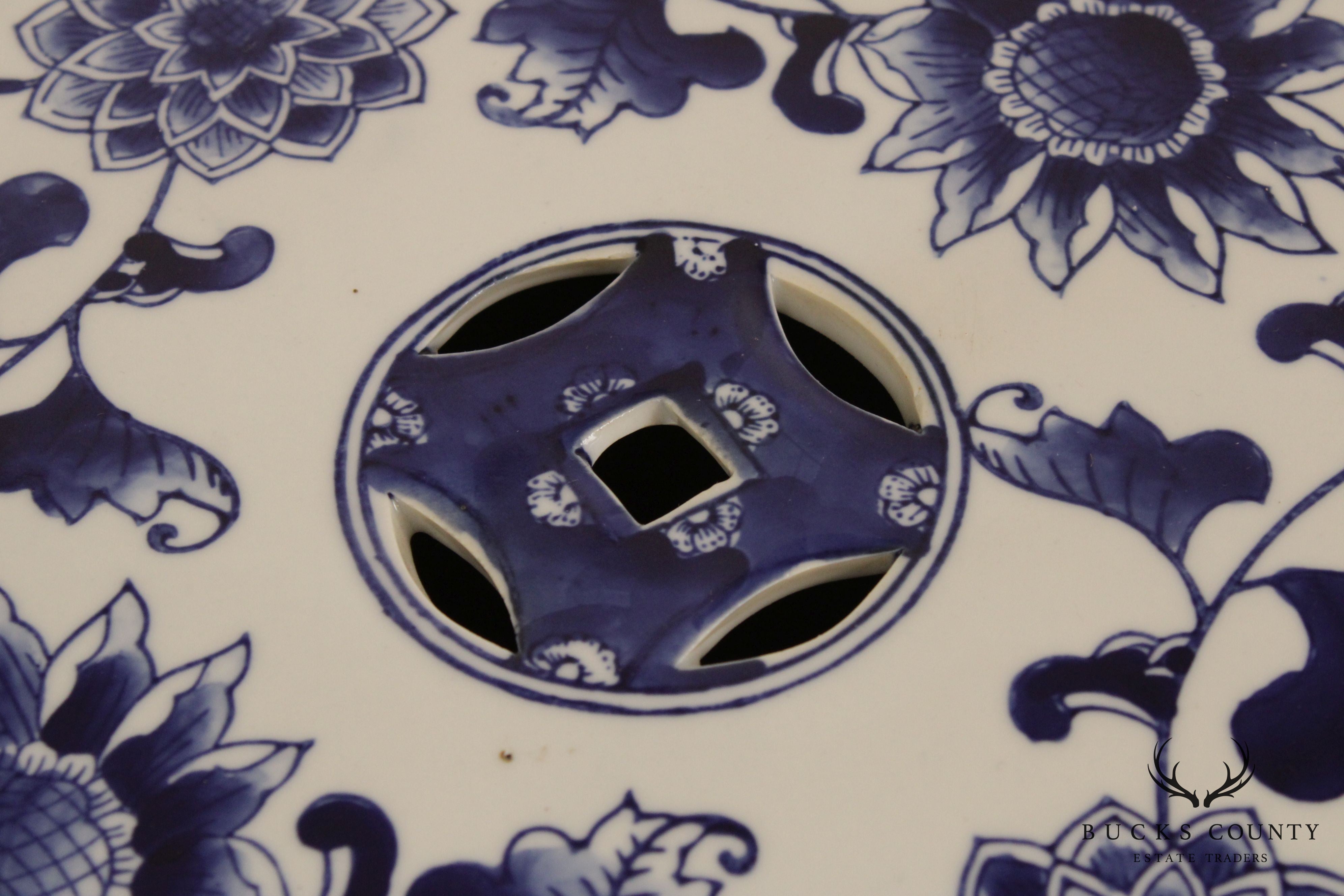 Vintage Asian Inspired Blue and White Porcelain Garden Stool