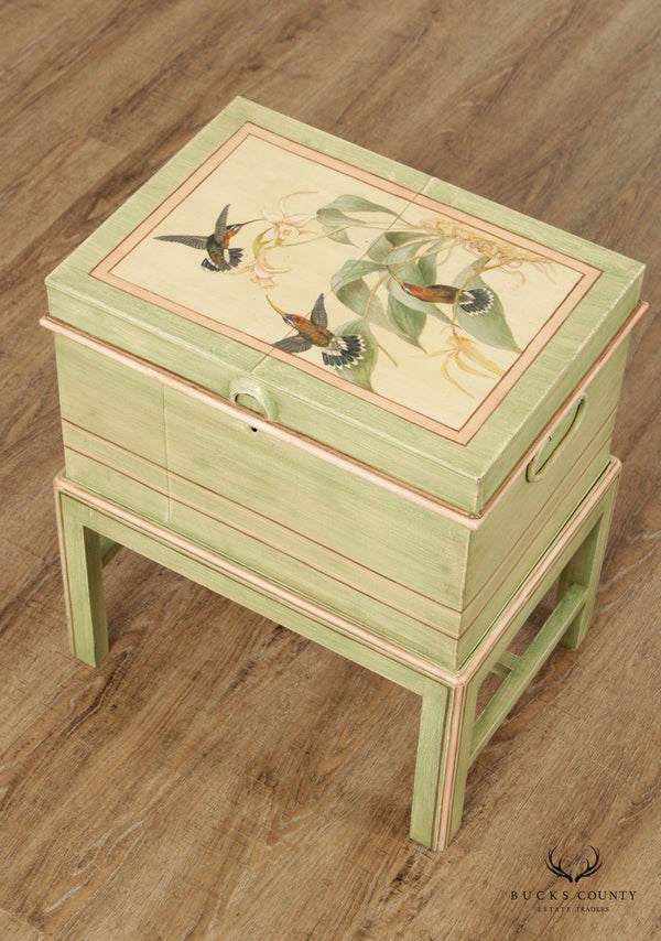 English Hummingbird Painted Metal Chest on Stand