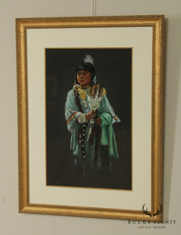 Mary Rick Pastel on Paper - Native American Girl in Pow Wow Costume