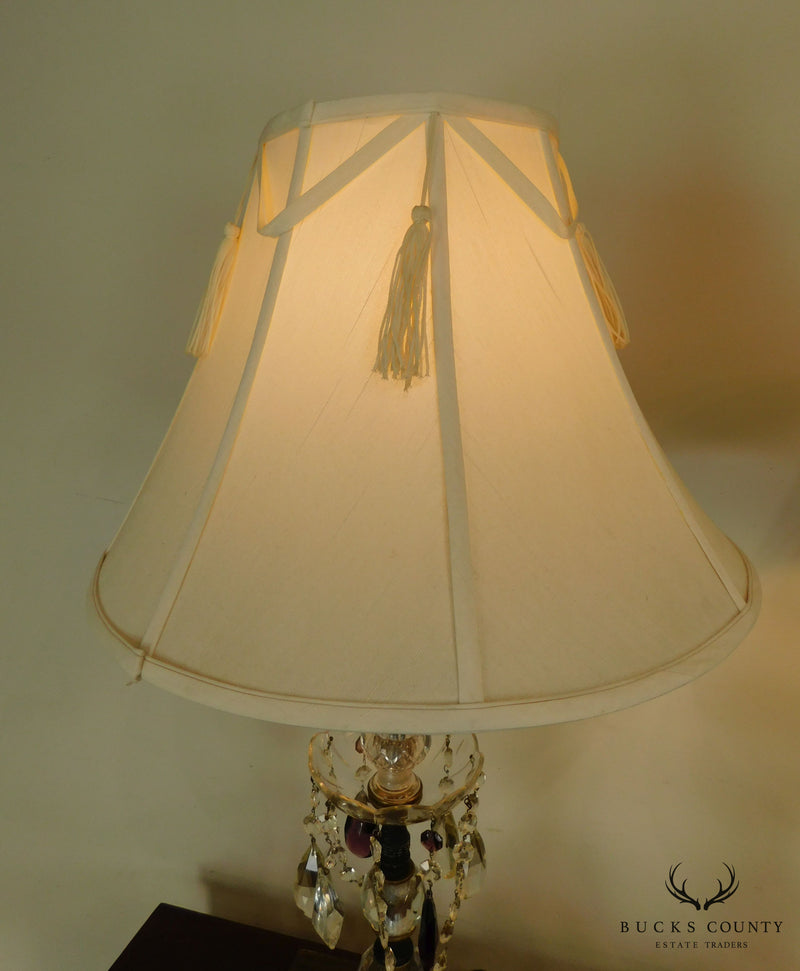 Pair French Empire Table Lamps with Fabric Shades, Turned Stems with Faceted Crystal Balls