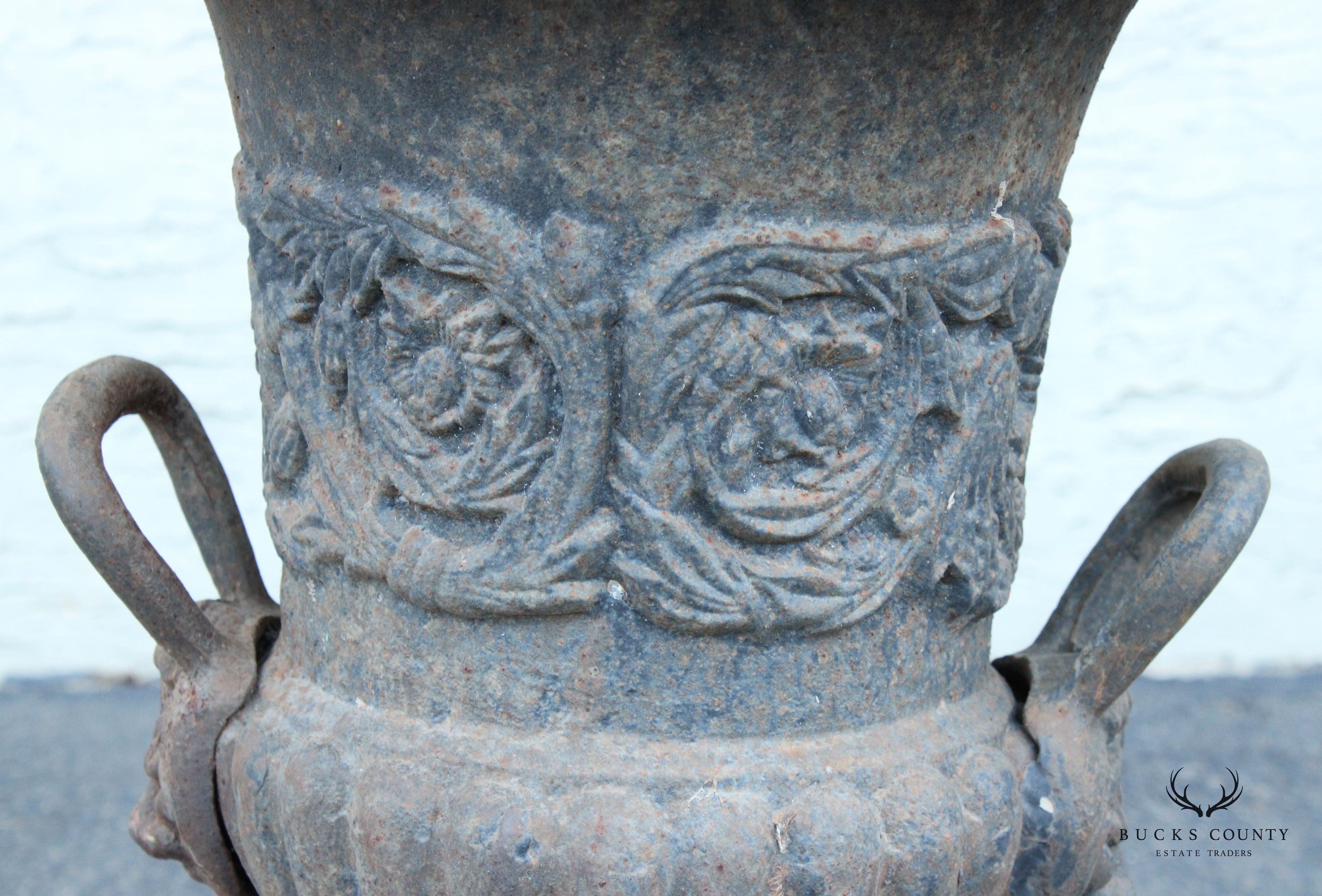 Classical Style Pair Cast Iron Garden Urns with Lion Masks