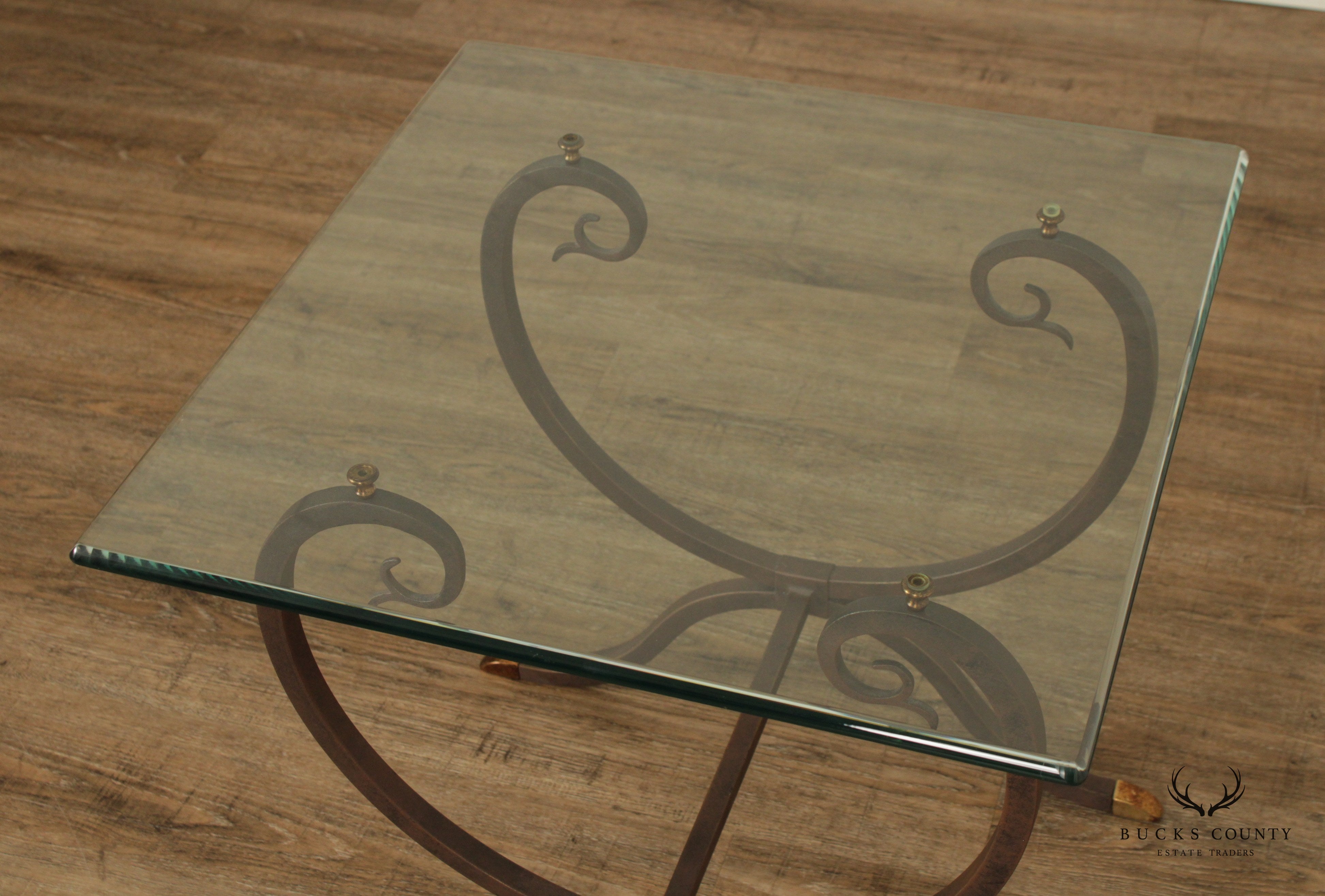 Neoclassical Style Wrought Iron Glass Top Side Table