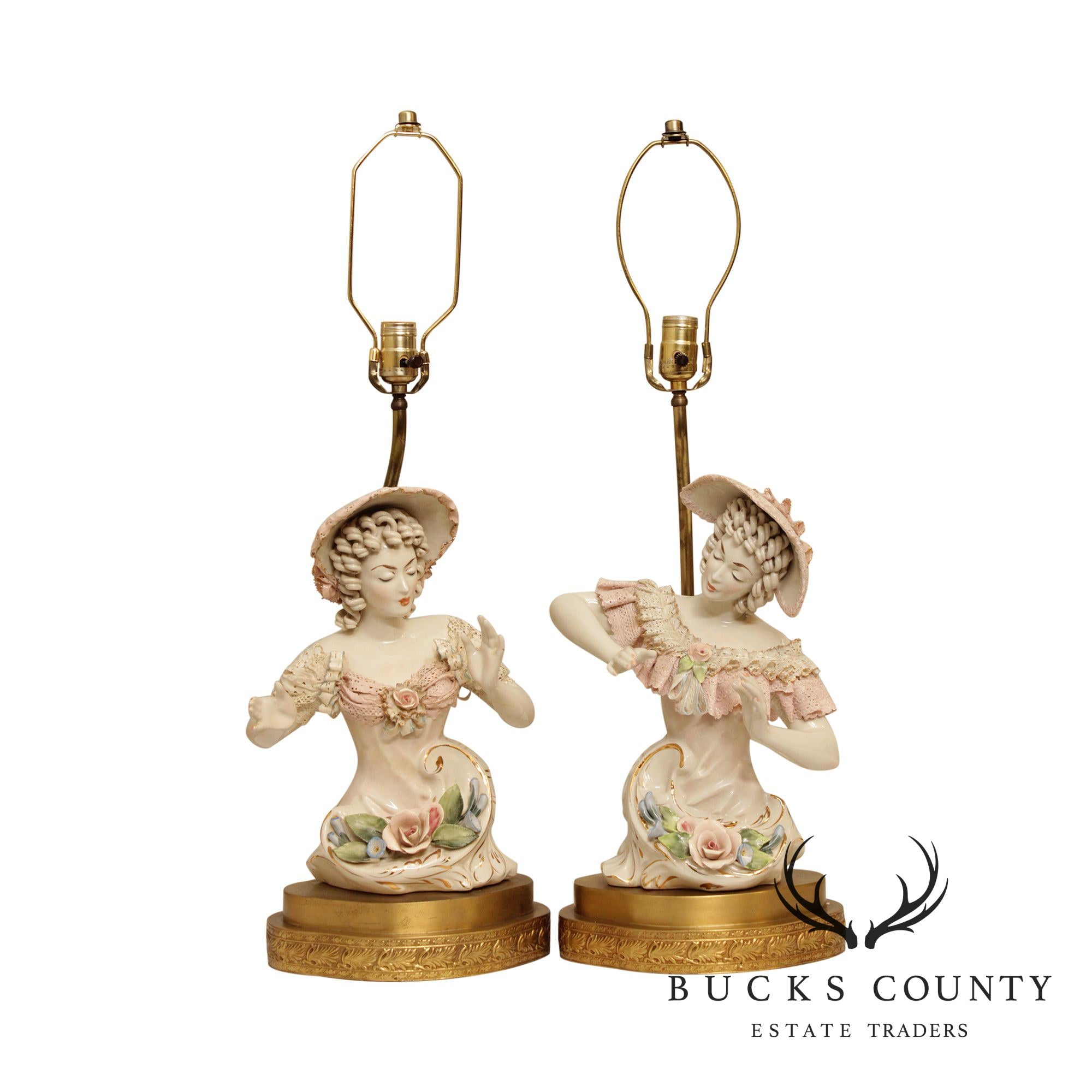 Vintage Pair Porcelain Figurine Table Lamps