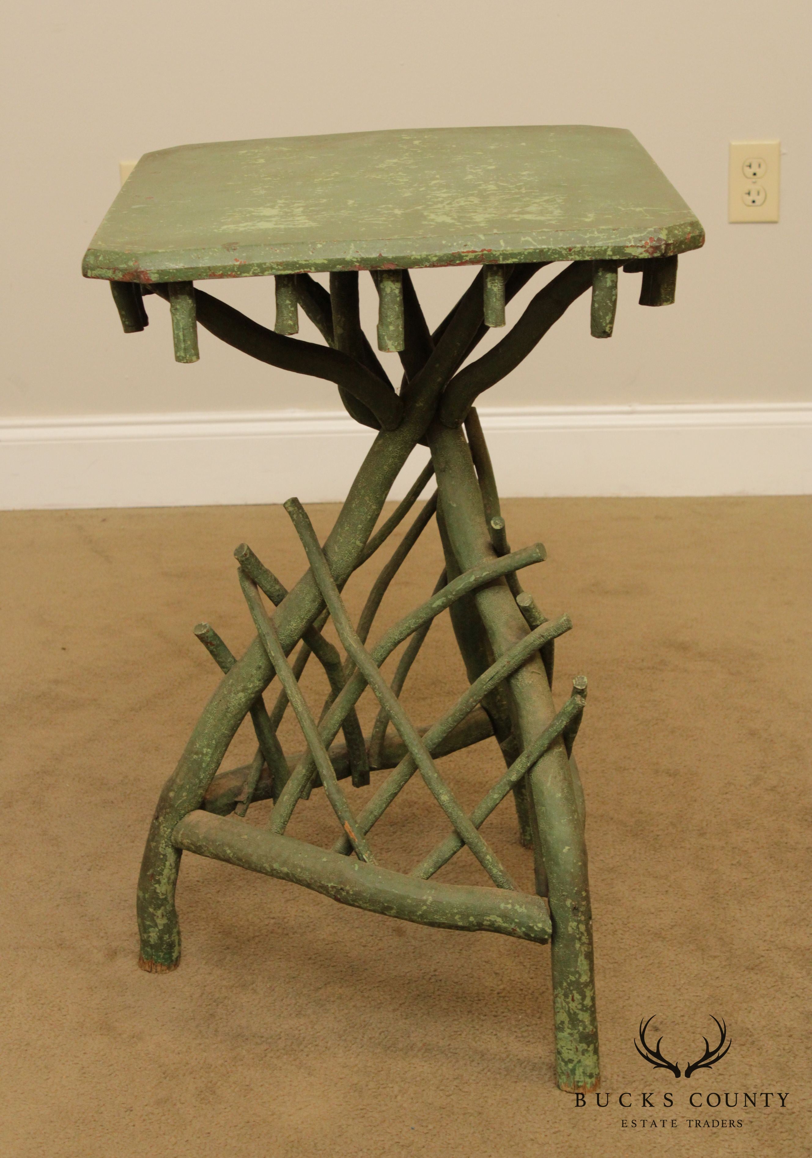 Antique Hickory Twig Green Painted Side Table