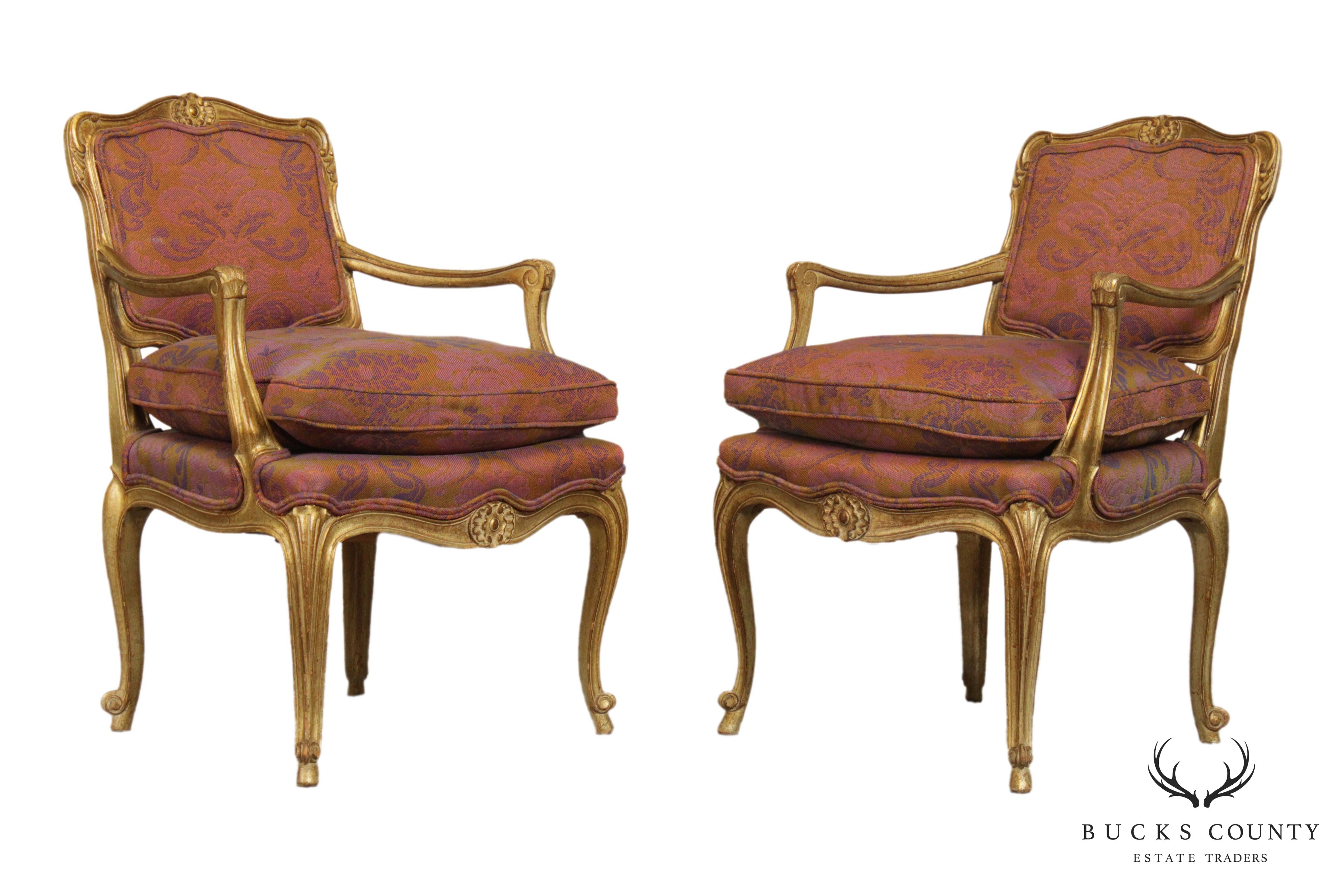 Hollywood Regency French Louis XV Style Vintage Gilt Wood Frame Pair Fauteuil Armchairs