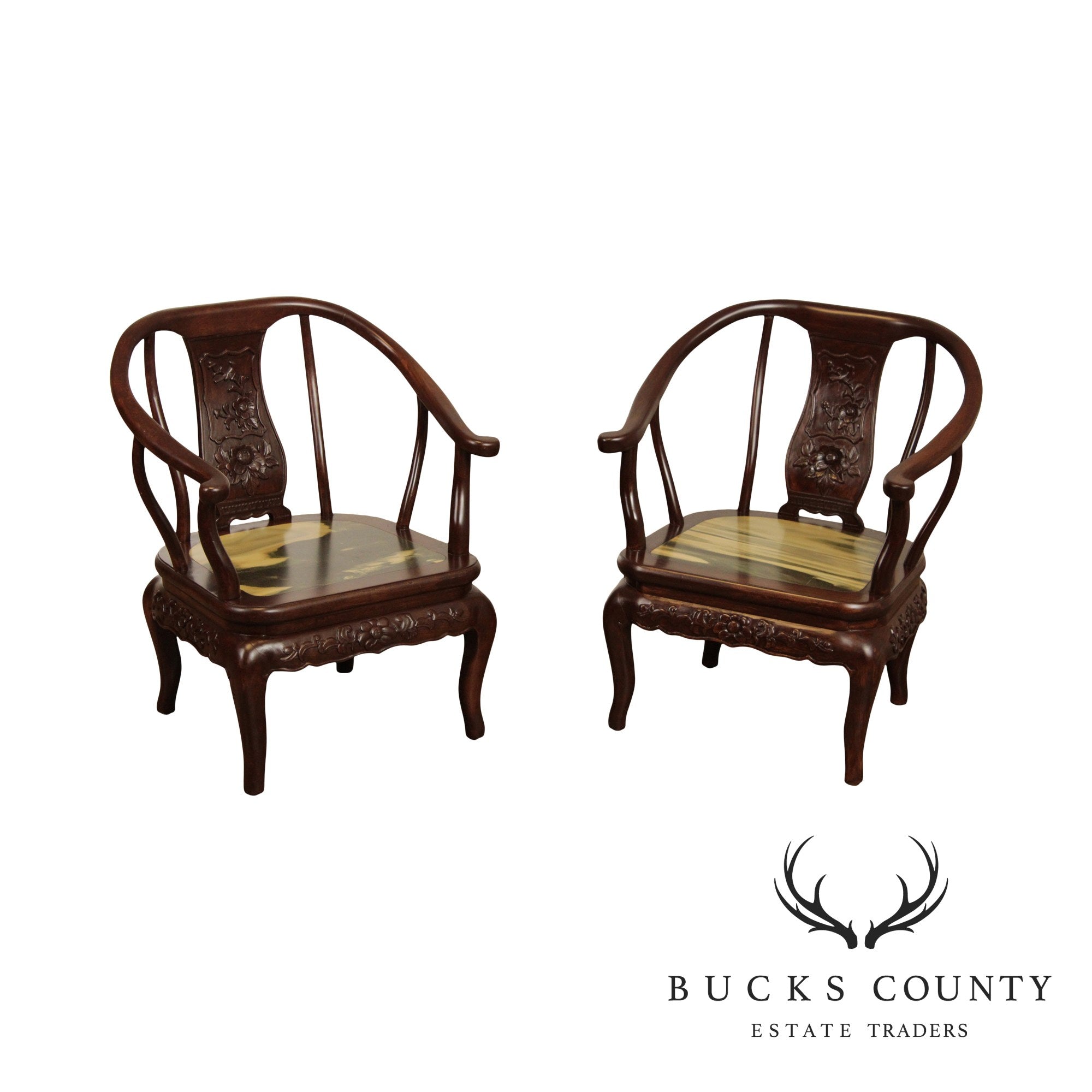 Chinese Pair Marble & Hardwood Horseshoe Chairs